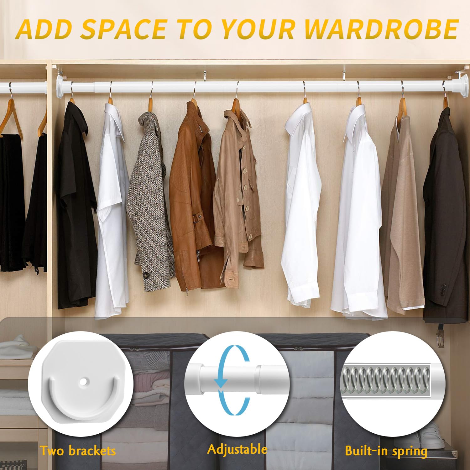 **Luvenia No-Drill Adjustable Closet Rod (30-52 Inch) – Heavy Duty Metal Clothes Hanging Pole for Wardrobes & Closets – White with Holder – Perfect for Small Spaces, Rentals & DIY Storage Solutions**
