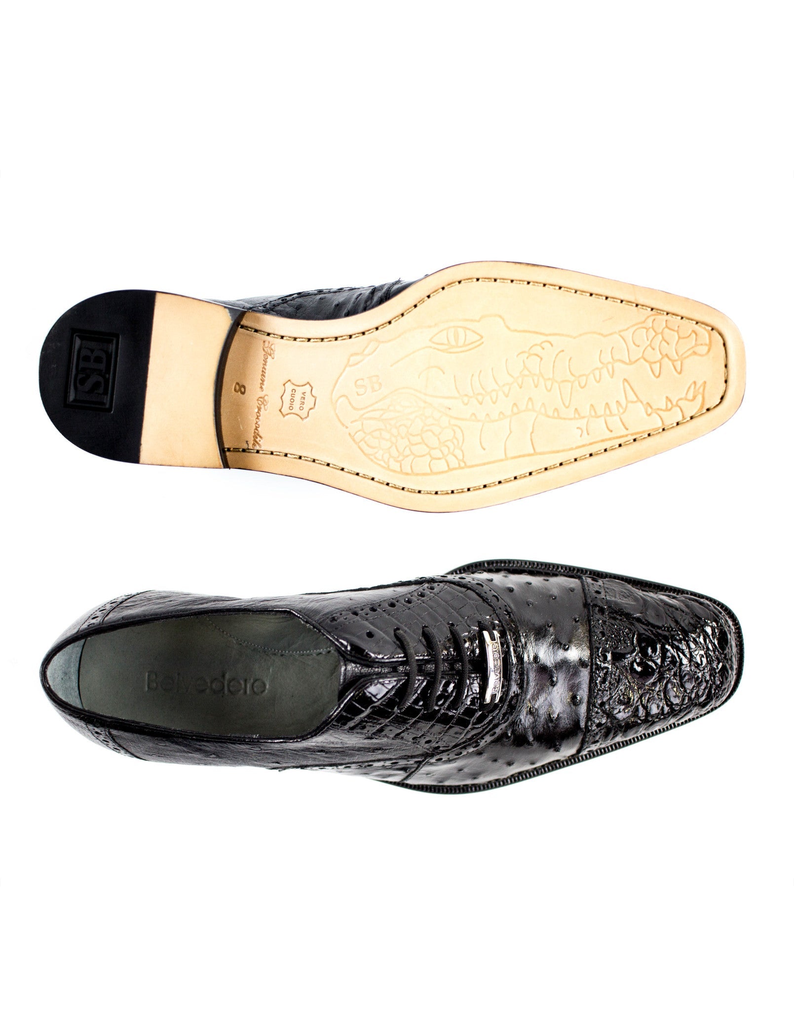 Belvedere Onesto II Genuine Ostrich & Crocodile Leather Dress Shoes for Men - Black 1419 | Premium Formal Business & Wedding Shoes