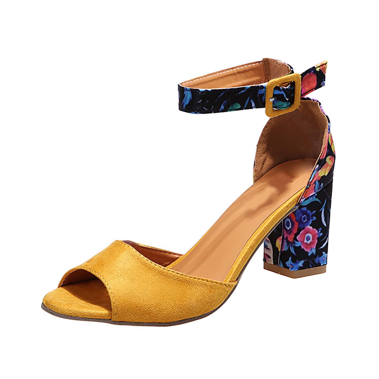 Women's Floral Chunky Heel Sandals with Ankle Strap & Buckle - Open Toe Fish Mouth Design Summer Casual Shoes - Perfect with Jeans for Outings, Dates & Beach Vacations