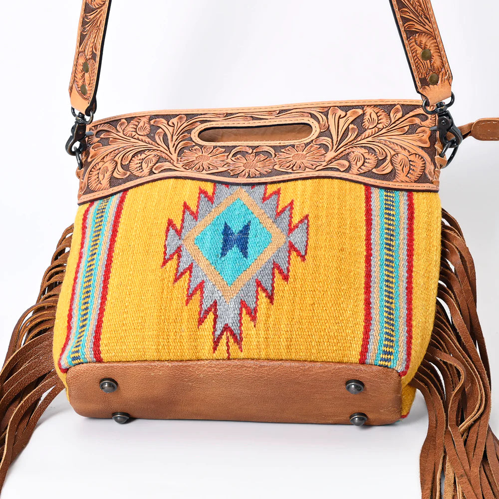 Stylish American Darling Yellow Aztec Floral Tooled Leather Handbag - Perfect for Casual Outings, Boho Fashion & Festival Accessories