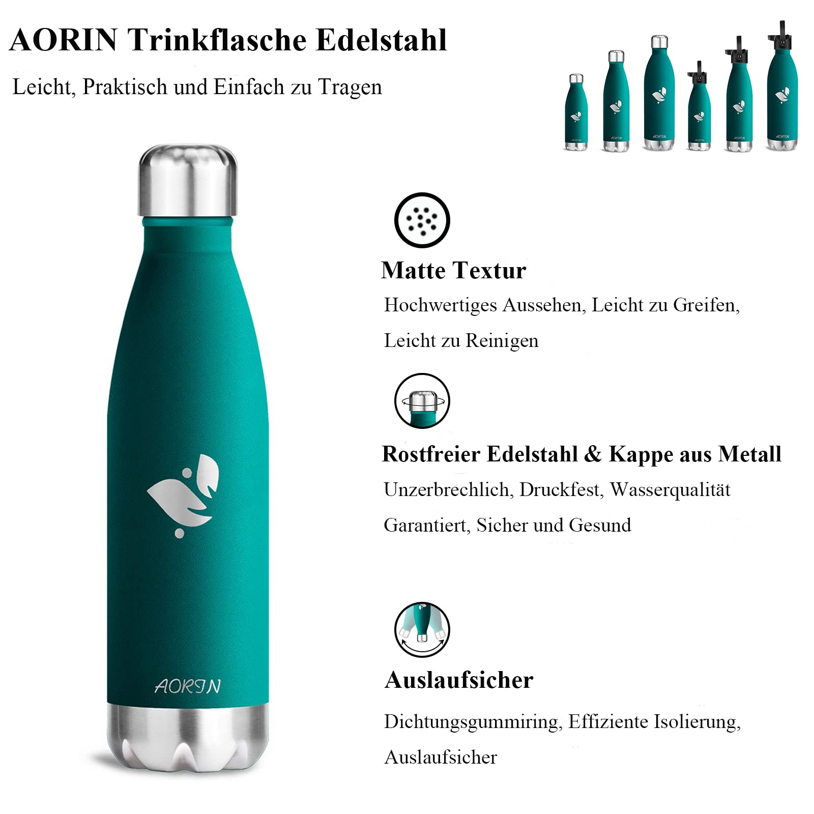 AORIN Stainless Steel Double Wall Vacuum Insulated Water Bottle - 350ml/500ml/750ml - Powder Coated, Scratch Resistant, Leak Proof, Easy to Clean - Perfect for Gym, Hiking, Travel & Office Use