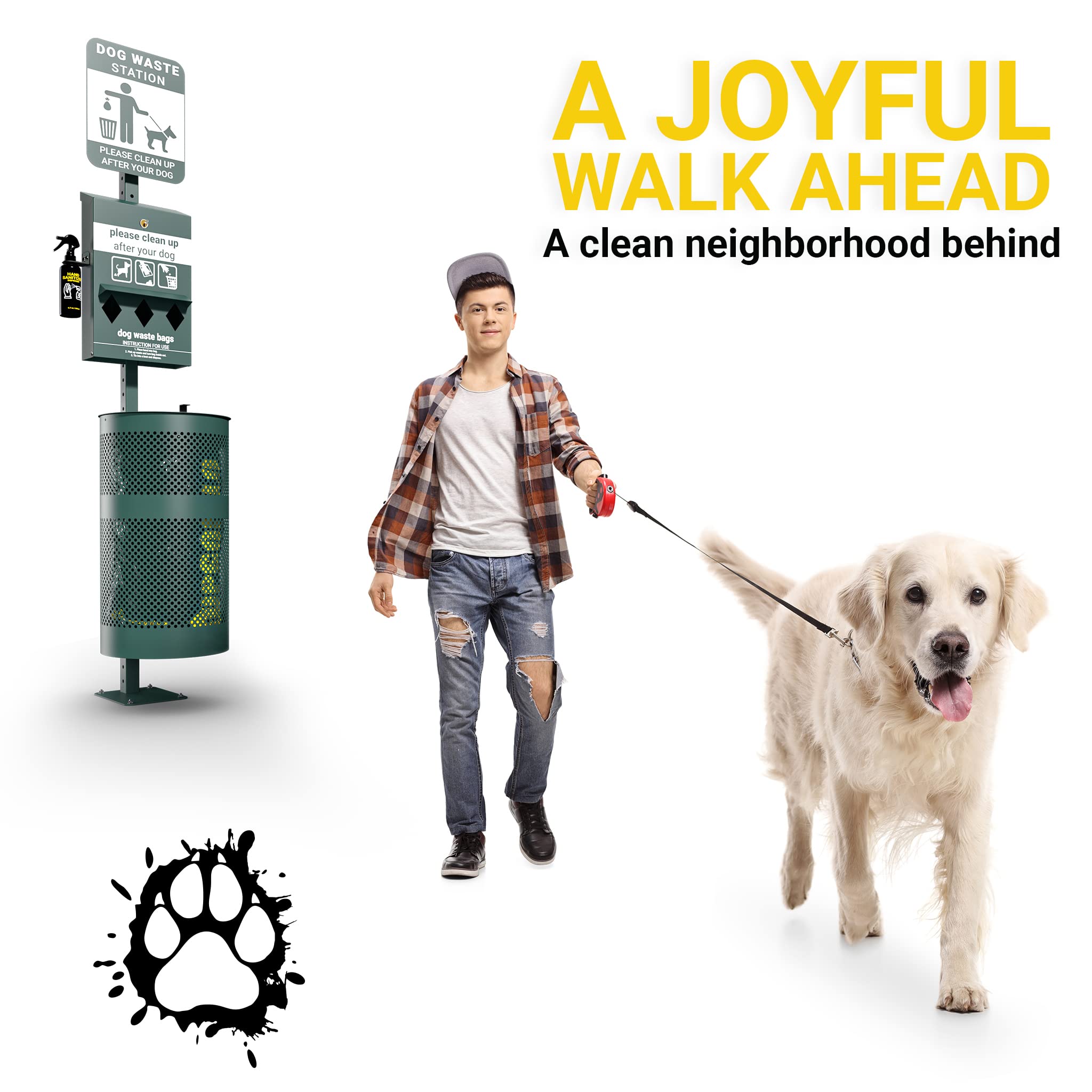 Glow in the Dark Pet Waste Station with 600 Dog Waste Bags & 50 Can Liners - Outdoor Dog Poop Dispenser with Sign, Hand Sanitizer & Lidded Trash Can - Perfect for Parks, Backyards & Dog Walking Areas