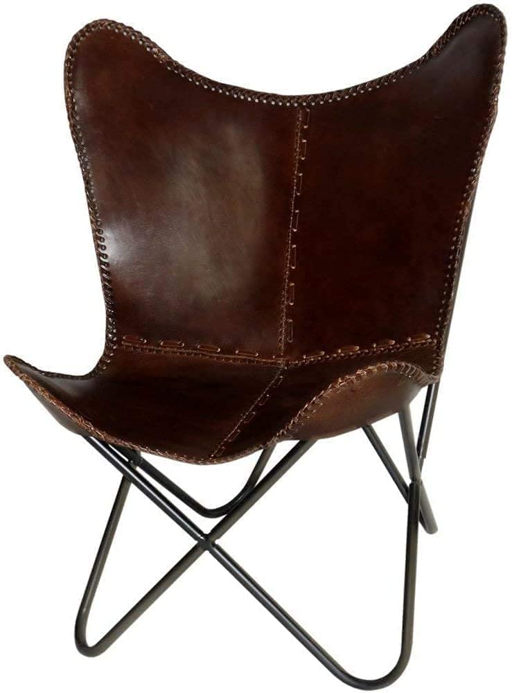 Vintage Armchair Recliner Sleeper Chair - Foldable Butterfly Chair in Dark Brown Real Leather - Perfect for Living Room, Bedroom & Office Relaxation