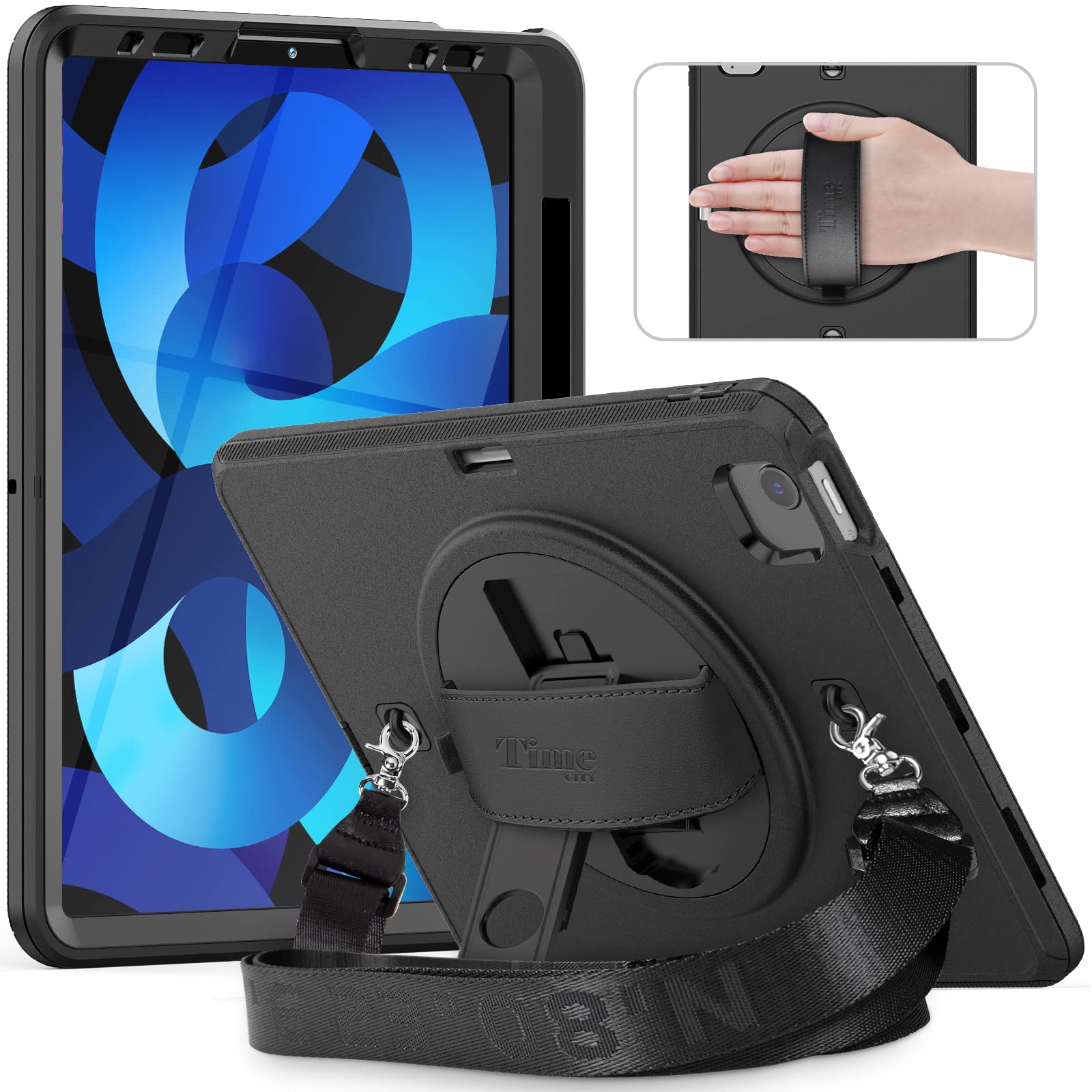 Premium Shockproof iPad Air 5th/4th Gen Case (10.9 Inch) - Heavy Duty Full Protection Cover with Built-in Screen Protector, Apple Pencil Holder, 360° Rotating Stand & Adjustable Hand/Shoulder Strap - Perfect for Work, Travel & School (Black)