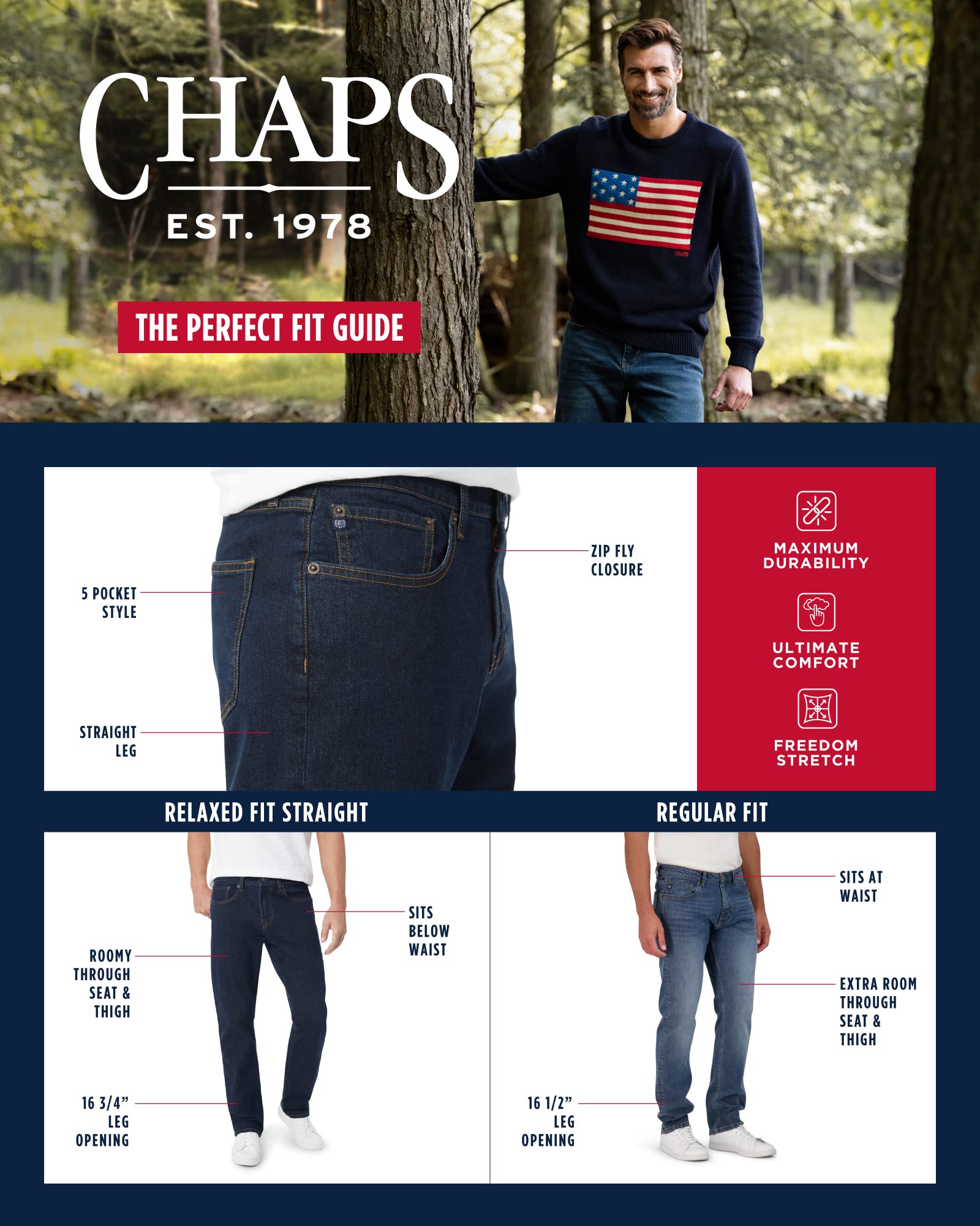 Chaps Men's Straight Leg Comfort Stretch Denim Jeans - Slim Fit Casual Pants for Everyday Wear & Office Style