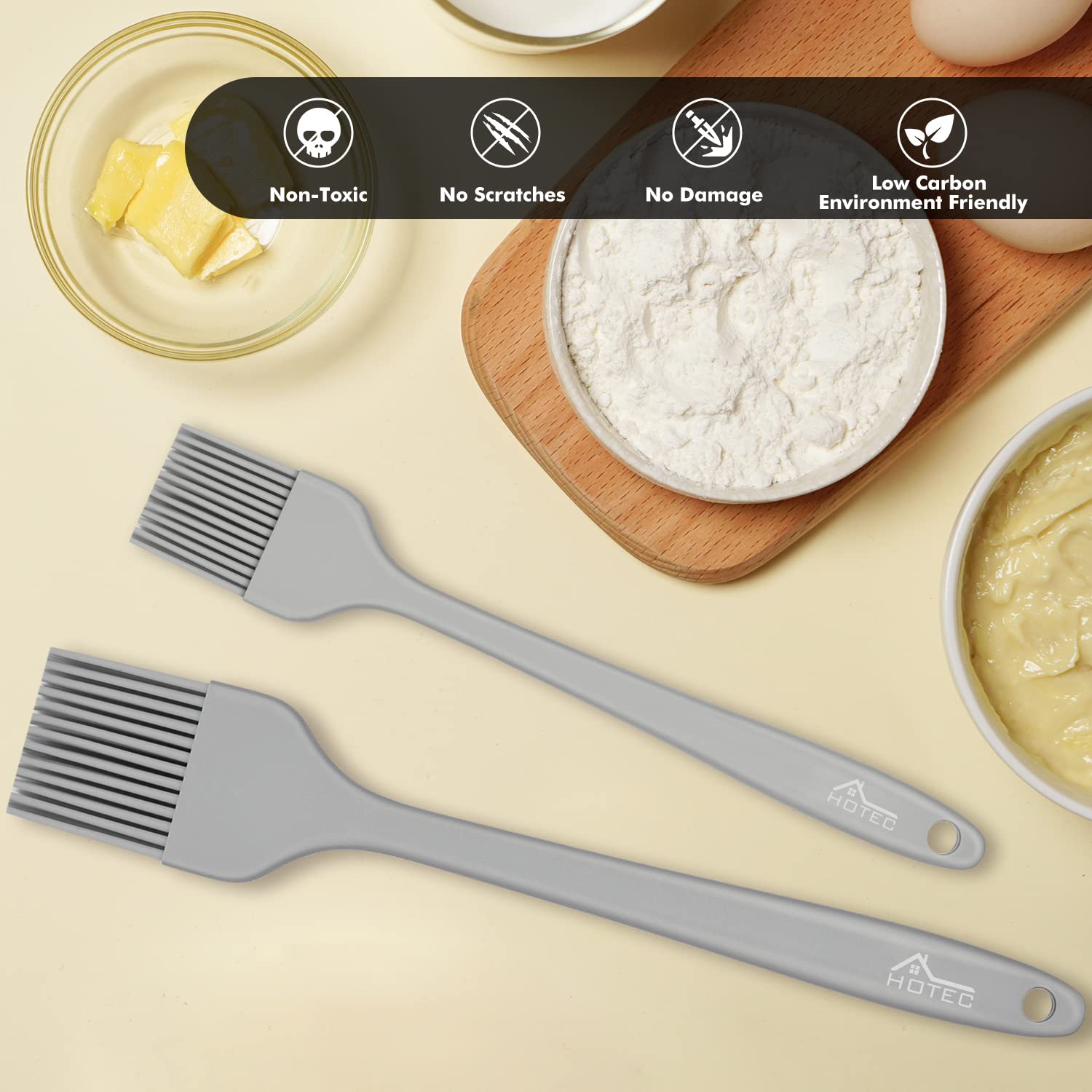 HOTEC Silicone Basting Brushes - Heat Resistant Pastry Brushes for Oil, Butter, Sauce & Marinades - Perfect for BBQ, Grilling, Baking & Cooking - BPA Free & Dishwasher Safe (Grey, 2-Pack) - Ideal for Home Kitchens, Outdoor Barbecues & Professional Bakeries