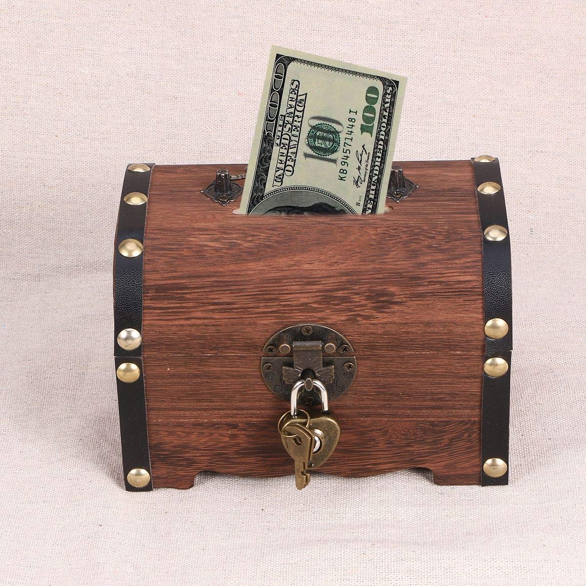 Vintage Wooden Piggy Bank with Lock - Retro Coin Saving Box for Money Storage, Home Organizer, and Treasure Case - Perfect for Kids Savings, Gift Giving, and Home Decor (Size A)