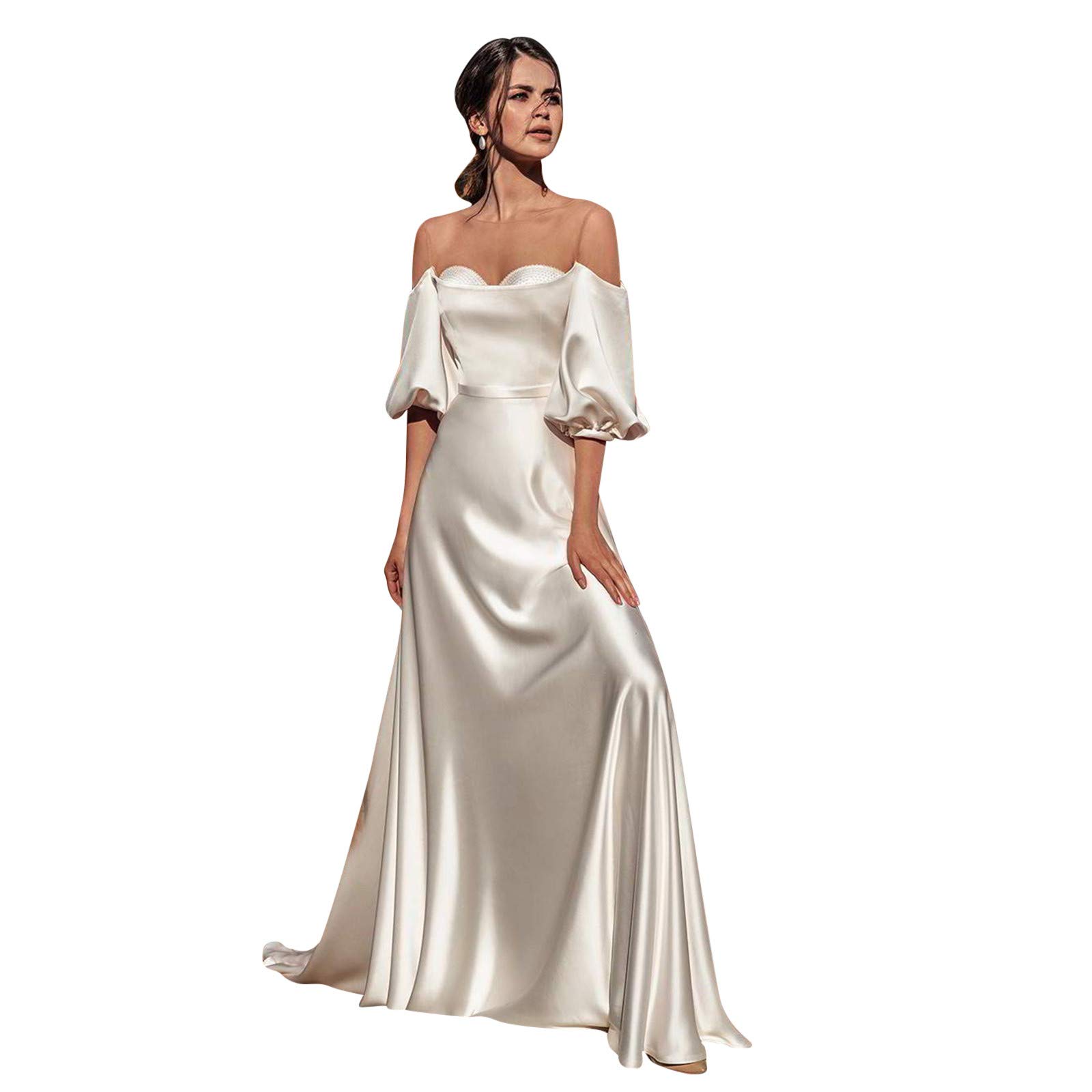 MEOILCE Women's Sexy V-Neck Bridesmaid Dress - Elegant White Formal Wedding Guest Gown with Short Sleeves for Bridal Party, Cocktail Reception & Evening Events