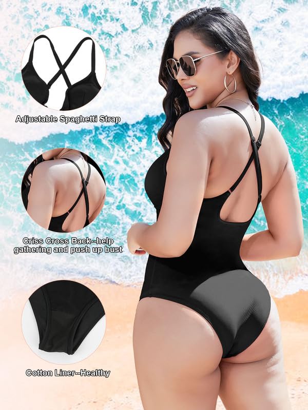 SHAPERIN Women's One Piece Swimsuit - Tummy Control, Sexy Deep V Neck, Padded Push Up Monokini Bathing Suit | Perfect for Beach Vacations, Pool Parties & Summer Getaways