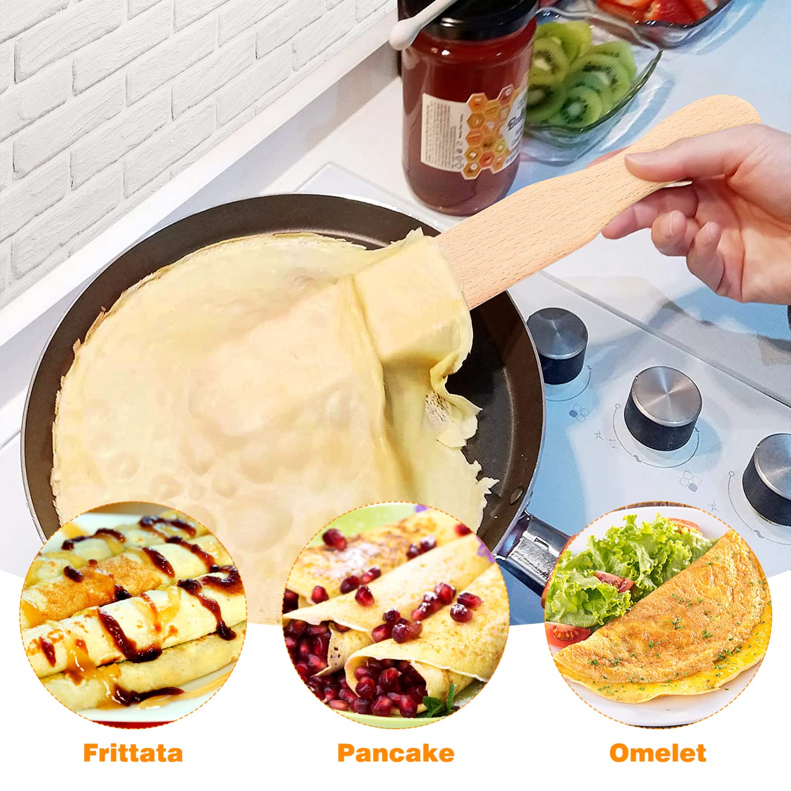 Premium Crepe Scraper Kit - 3-Piece Wooden Pancake Spatula Set with T-Shaped Beechwood Handle for Crepe Maker, Non-Stick Pans & Breakfast Cooking | Perfect for French Crepes, Pancakes, Tortillas & Home Baking