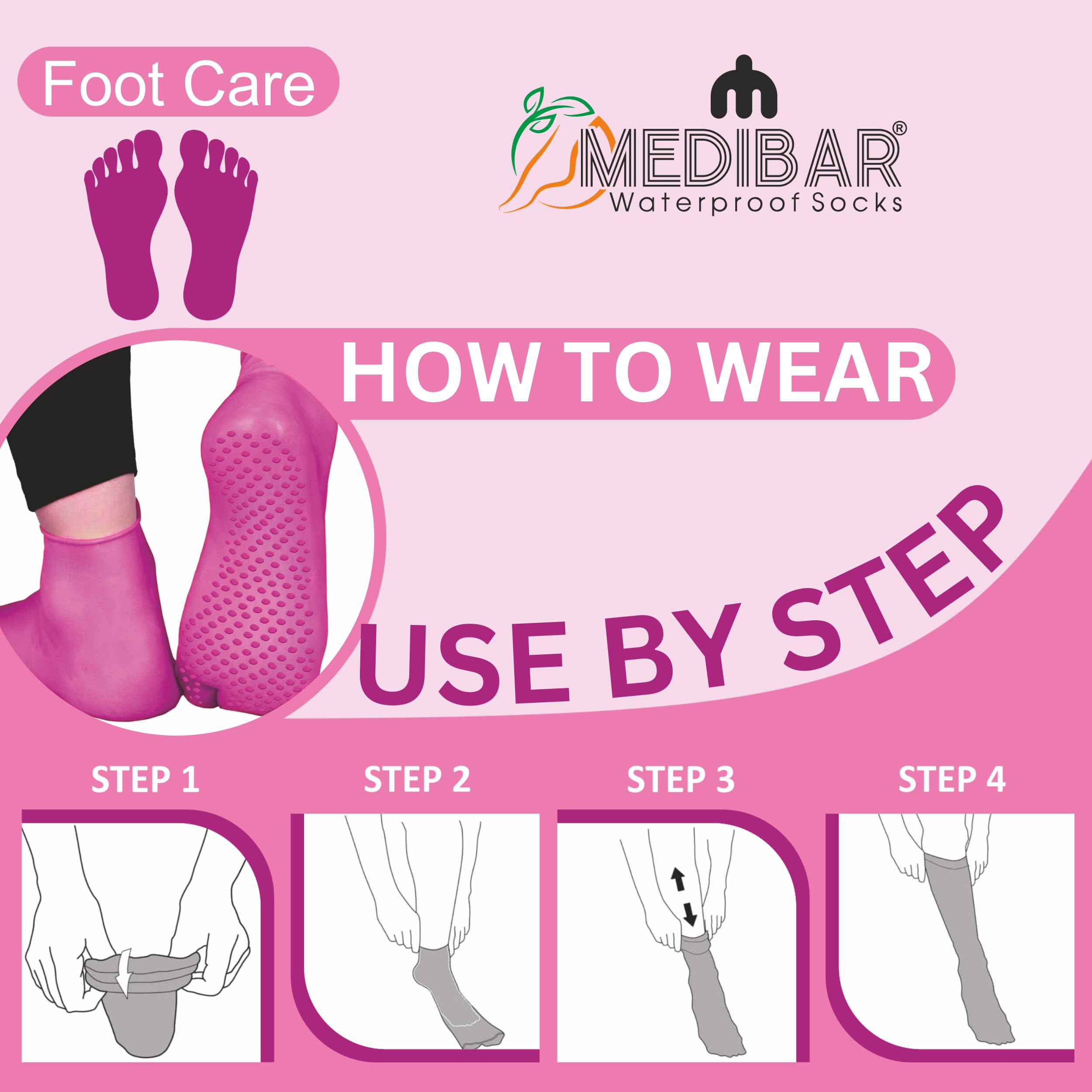 MEDIBAR Anti-Heel Full Length Waterproof Rubber Socks - Moisturizing Silicone Heel Pain Relief Socks for Men & Women (Size Medium 7-9) Pink - Ideal for Dry Cracked Heels, Diabetic Foot Care & Overnight Moisturizing Therapy