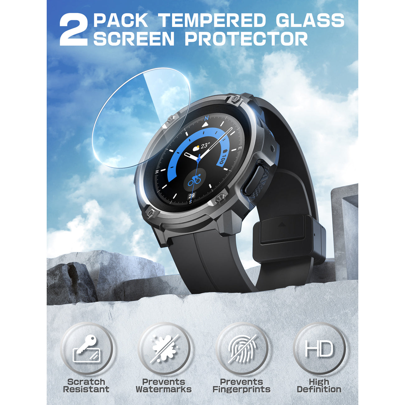 Samsung Galaxy Watch5 Pro 45mm Case - Unicorn Beetle Rugged Protective Cover with Tempered Glass Screen Protector (Black) | Perfect for Outdoor Sports, Hiking & Extreme Activities