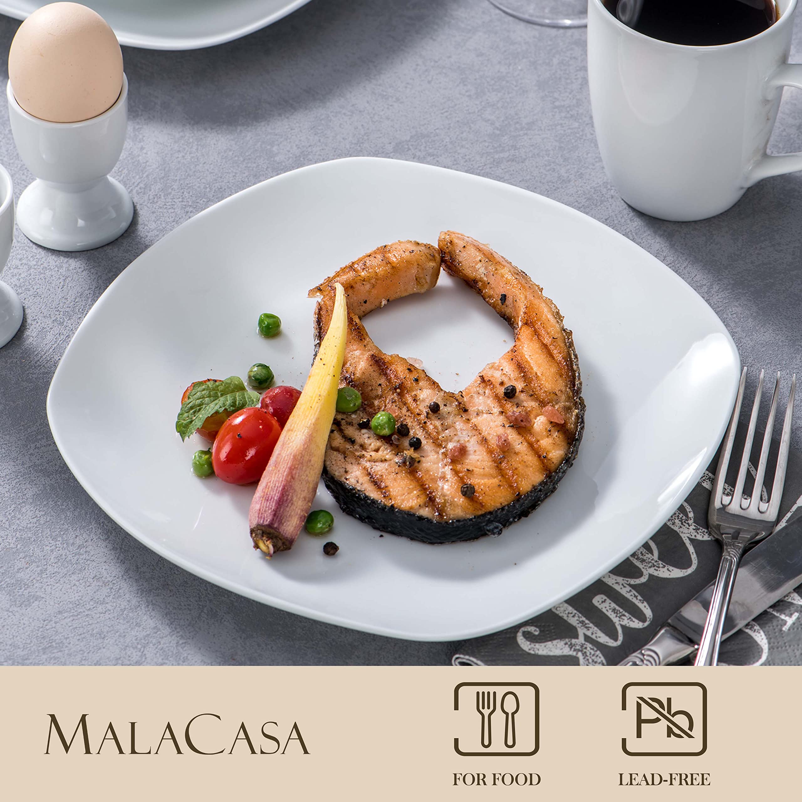MALACASA 40-Piece Porcelain Dinnerware Set - Gray & White Square Plates, Bowls, Egg Cups & Coffee Mugs - Modern Tableware for 8 People (Elisa Series) - Perfect for Family Dinners, Restaurant Use & Special Occasions