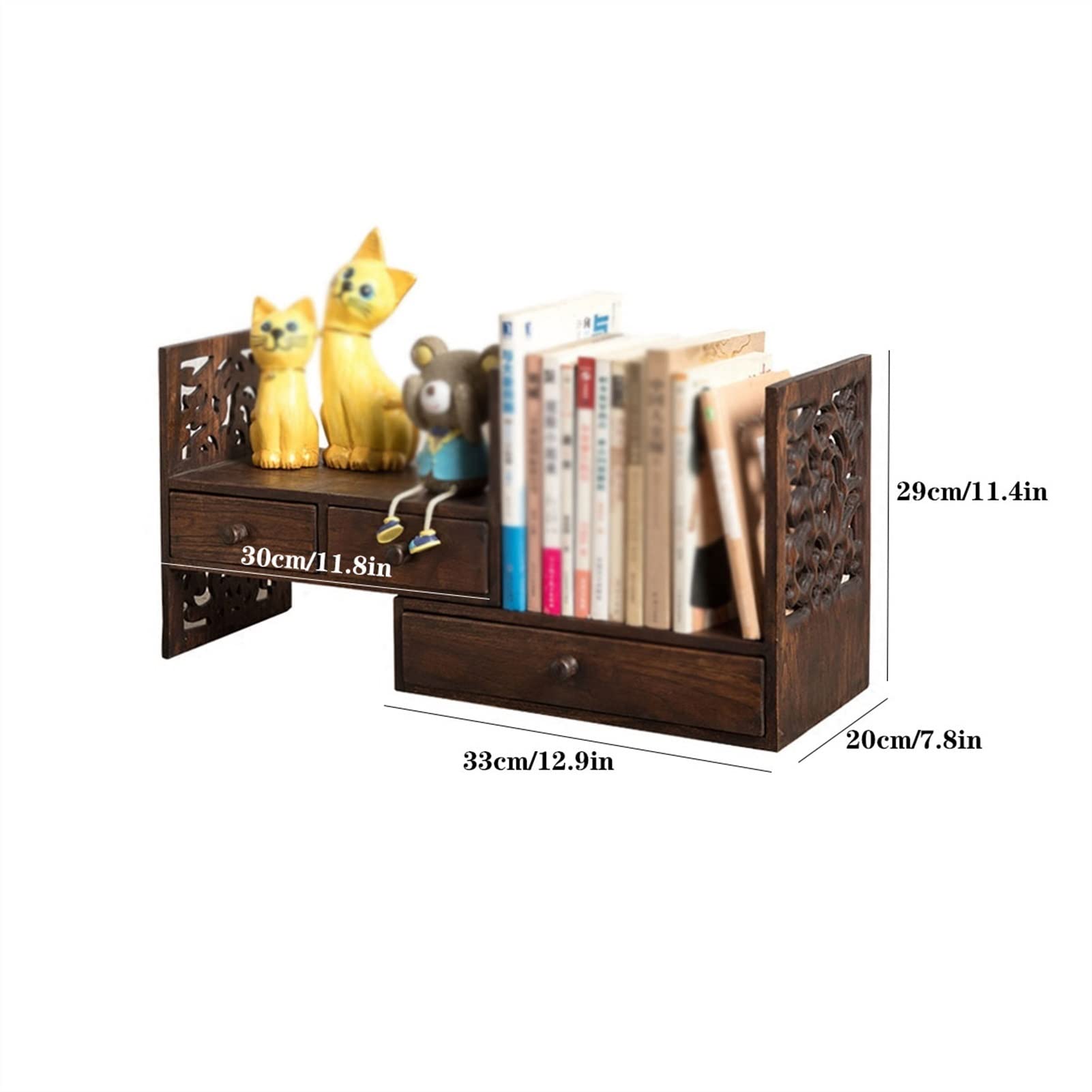 TOMYEUS Creative Retro Small Bookshelf - Adjustable Desktop Bookcase with Drawers, Brown Wooden Storage Cabinet for Home Office, Bedroom & Living Room