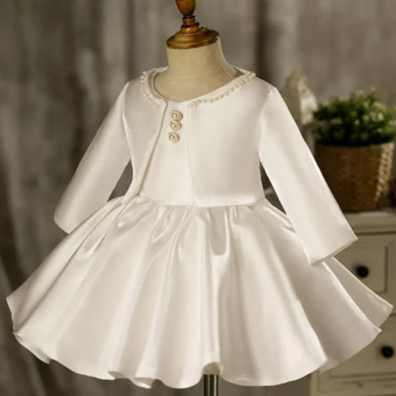 Elegant White Satin A-Line Flower Girl Dress with Beaded Boat Neck and Ruffle Details - Perfect for Weddings, Pageants & Special Occasions