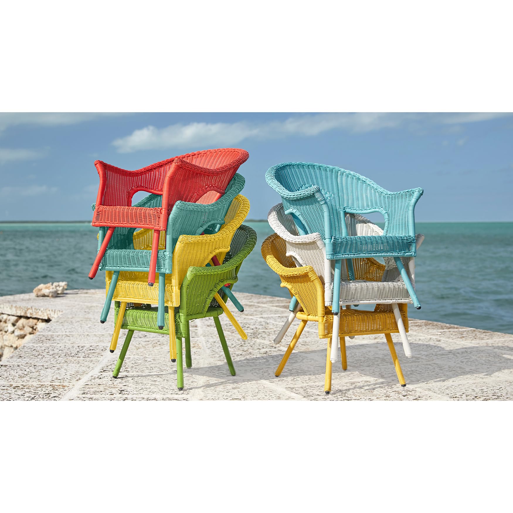 BrylaneHome Outdoor Stacking Chair - Weather Resistant Hand-Woven Resin Wicker with Free Cushions (250 lb Capacity, Lemon) - Perfect for Patio, Deck, Backyard & Garden Relaxation