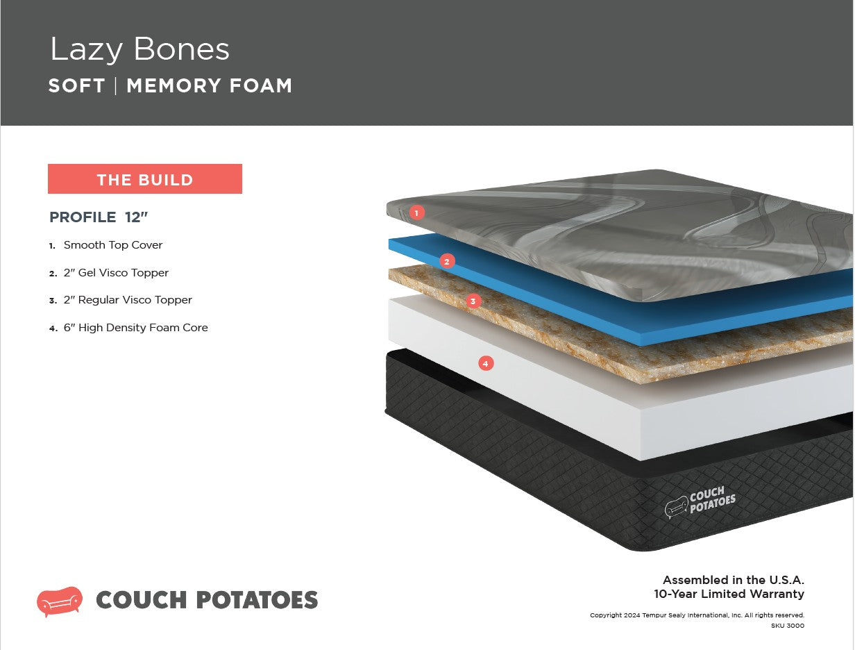 Lazy Bones 12-Inch Soft Memory Foam Mattress - Queen Size, Pressure Relief & Orthopedic Support for Back Pain - Perfect for Bedroom, Guest Room & Dorm Use