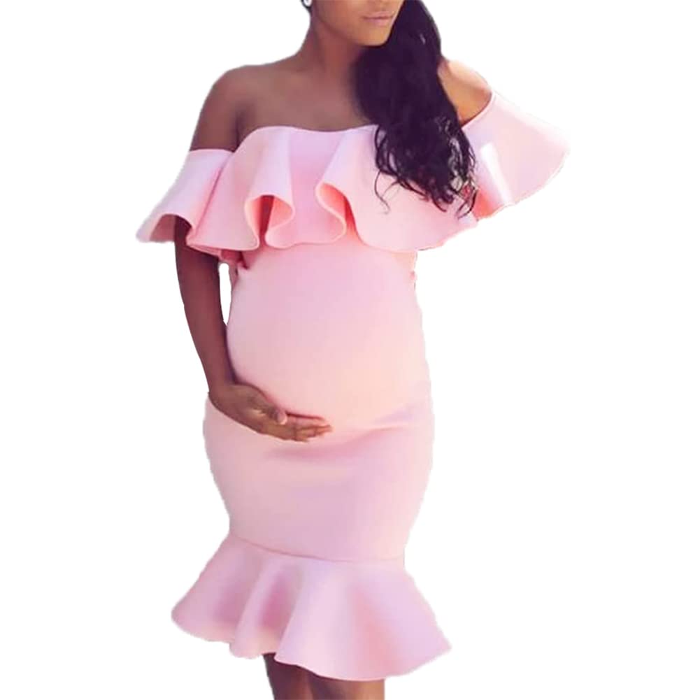 Elegant Off The Shoulder Maternity Dress for Baby Shower - Summer Bodycon Mermaid Midi Dress with Ruffle Short Sleeves for Women | Perfect for Pregnancy Photos, Bridal Showers & Special Occasions