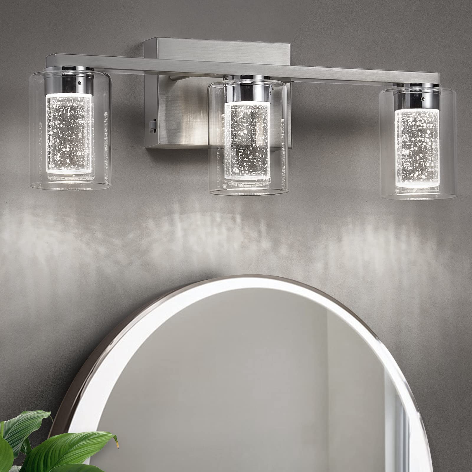 3-Light Brushed Nickel Bathroom Vanity Light with Crystal Bubble Glass - Dimmable LED Wall Sconce in 3 Colors (Warm/White/Cool) - Perfect for Bathroom Mirror Lighting, Living Room Accent & Bedroom Decor