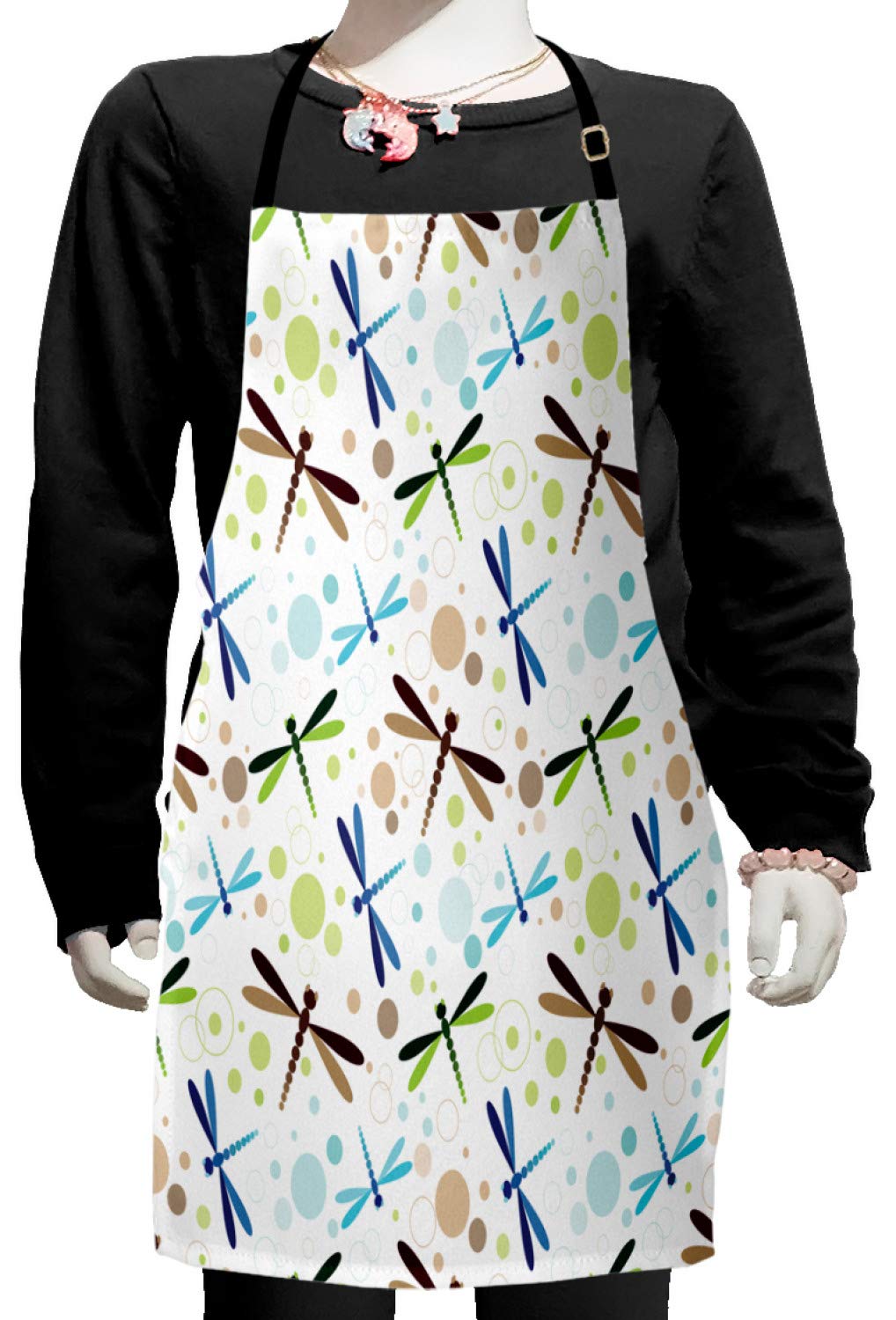Ambesonne Dragonfly Apron - Colorful Flying Dragonflies with Bubbles & Circular Patterns - Adjustable Ties Bib Apron for Baking, Cooking, Painting & Crafting - Small Size Multicolor Kitchen & Art Apron for Women & Men