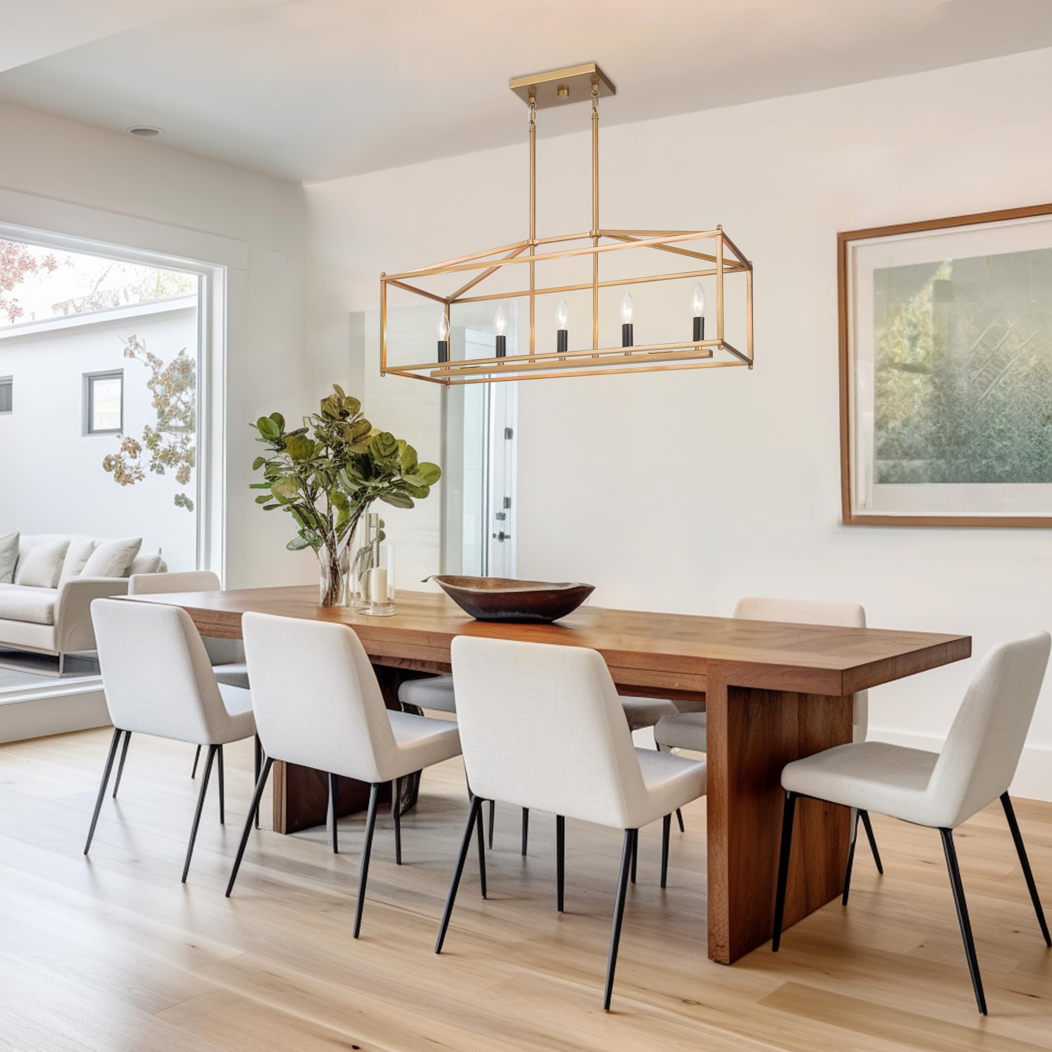 LOG BARN Gold Island Chandelier - Modern Linear LED Pendant Light Fixture for Dining Room, Kitchen Island | Dimmable Hanging Light for Home Decor, Restaurant Lighting