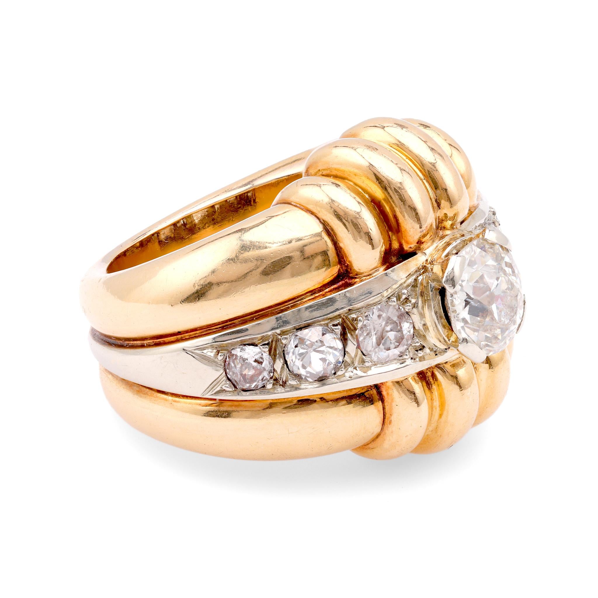 Vintage French Diamond 18K Yellow Gold Tank Ring for Women - Elegant Jewelry Gift for Anniversary, Valentine's Day & Special Occasions