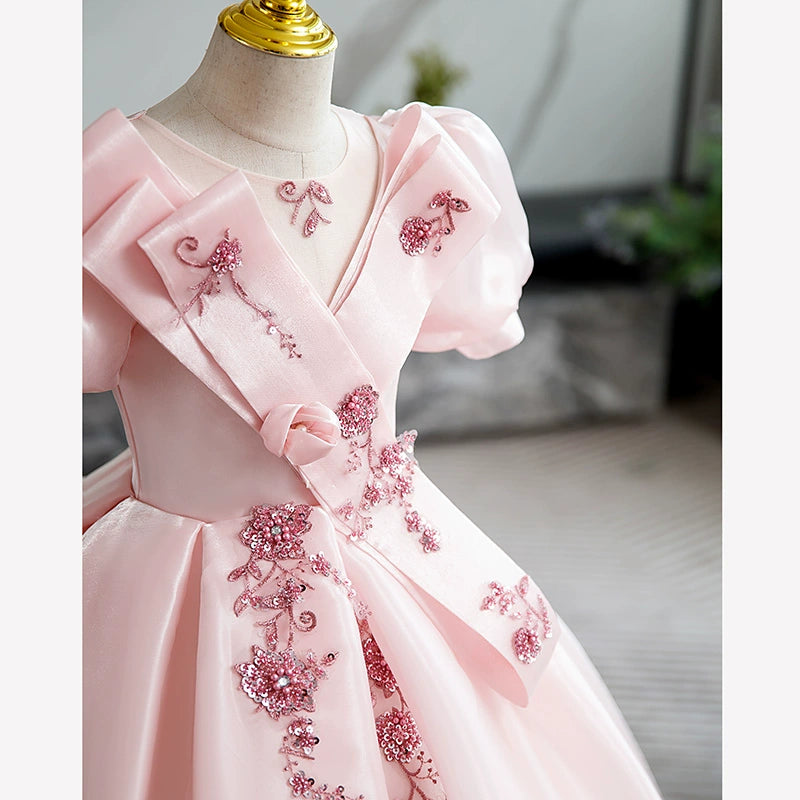 Pink Princess Round Floor Length Organza Flower Girl Dress for Weddings, Pageants & Special Occasions
