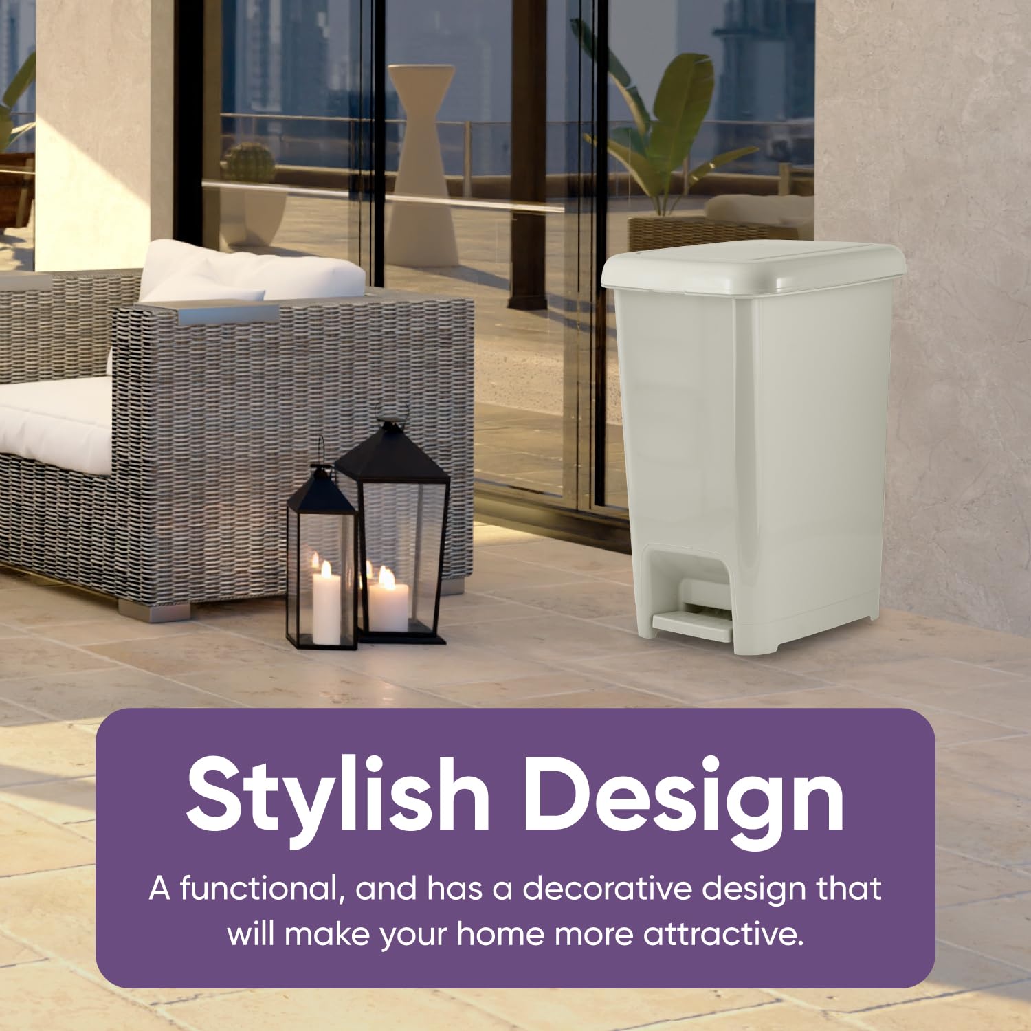 Superio 64 Qt. Slim Step-On Trash Can with Foot Pedal - Large Durable Plastic Kitchen Garbage Bin with Removable Bucket - 16 Gallon Waste & Recycling Bin in Greige - Perfect for Kitchen, Office, Bathroom & Home Use