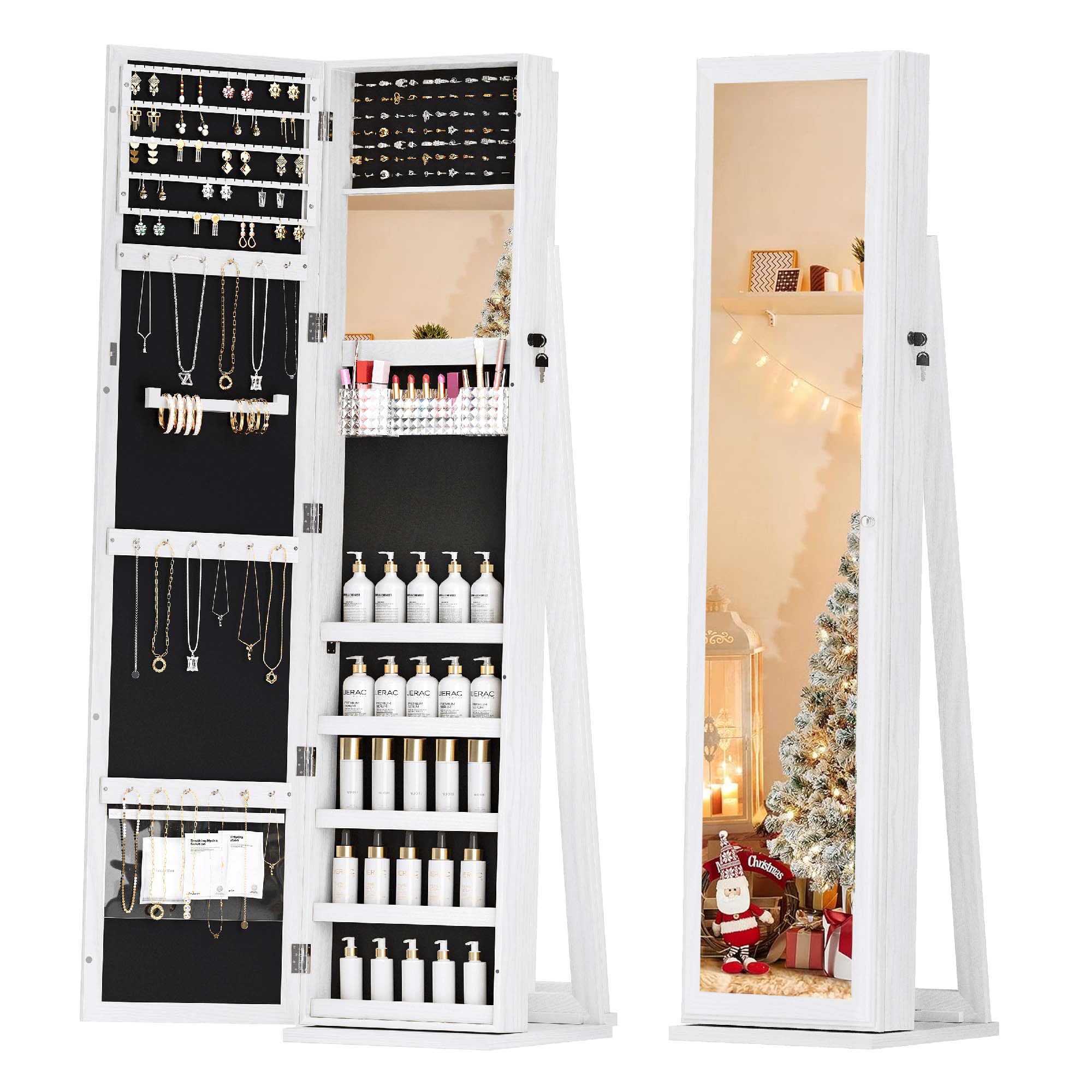 Full Length Mirror Jewelry Cabinet with Lock - Standing Jewelry Armoire Organizer for Women & Girls, White - Perfect for Bedroom, Closet & Dressing Room Storage