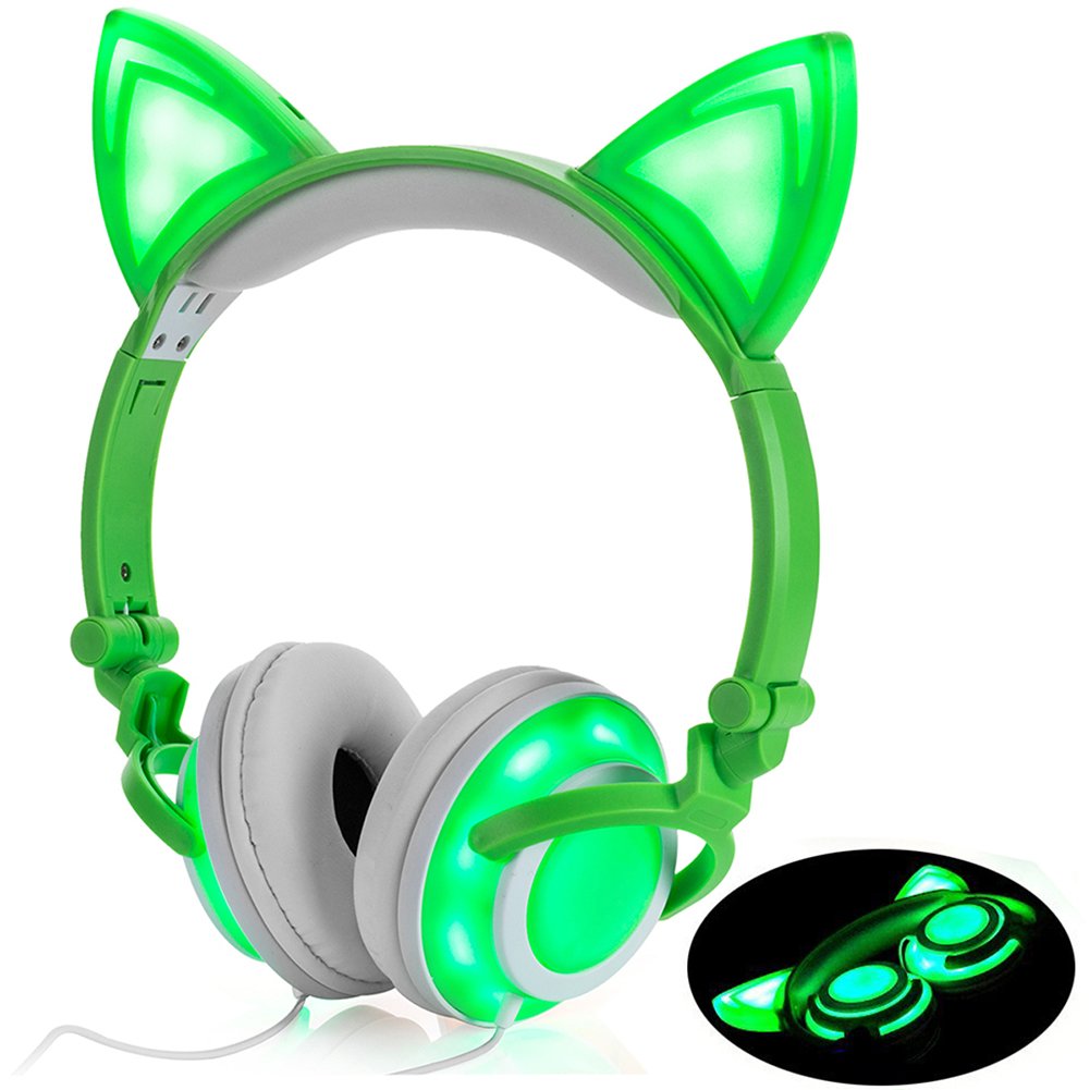 Olyre LED Light Up Cat Ear Headphones for Kids Girls Teens Adults - Stereo Sound 3.5mm Jack Headphones for iPad Tablet Computer Mobile Phone (Green) - Perfect for School, Travel, Gaming & Music Listening