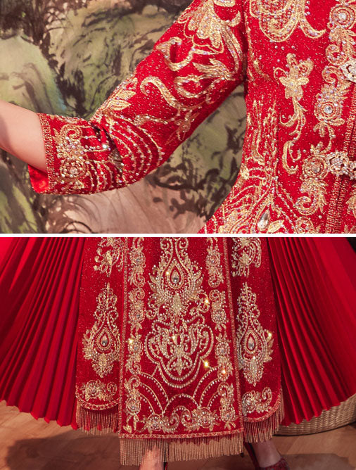 Exquisite Beaded Embroidered Wedding Qun Kwa Dress with Pleated Skirt - Traditional Chinese Bridal Gown for Wedding Ceremony & Photoshoot
