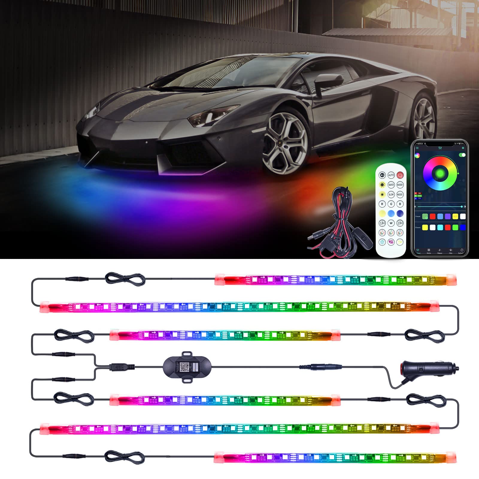 6PCS RGB Car LED Underglow Lights Kit - 12V 300 LEDs Waterproof Underbody Neon Strip Lights with Dream Color Chasing & APP Control for Cars, Trucks, Boats | Perfect for Night Driving, Car Shows & Custom Vehicle Lighting