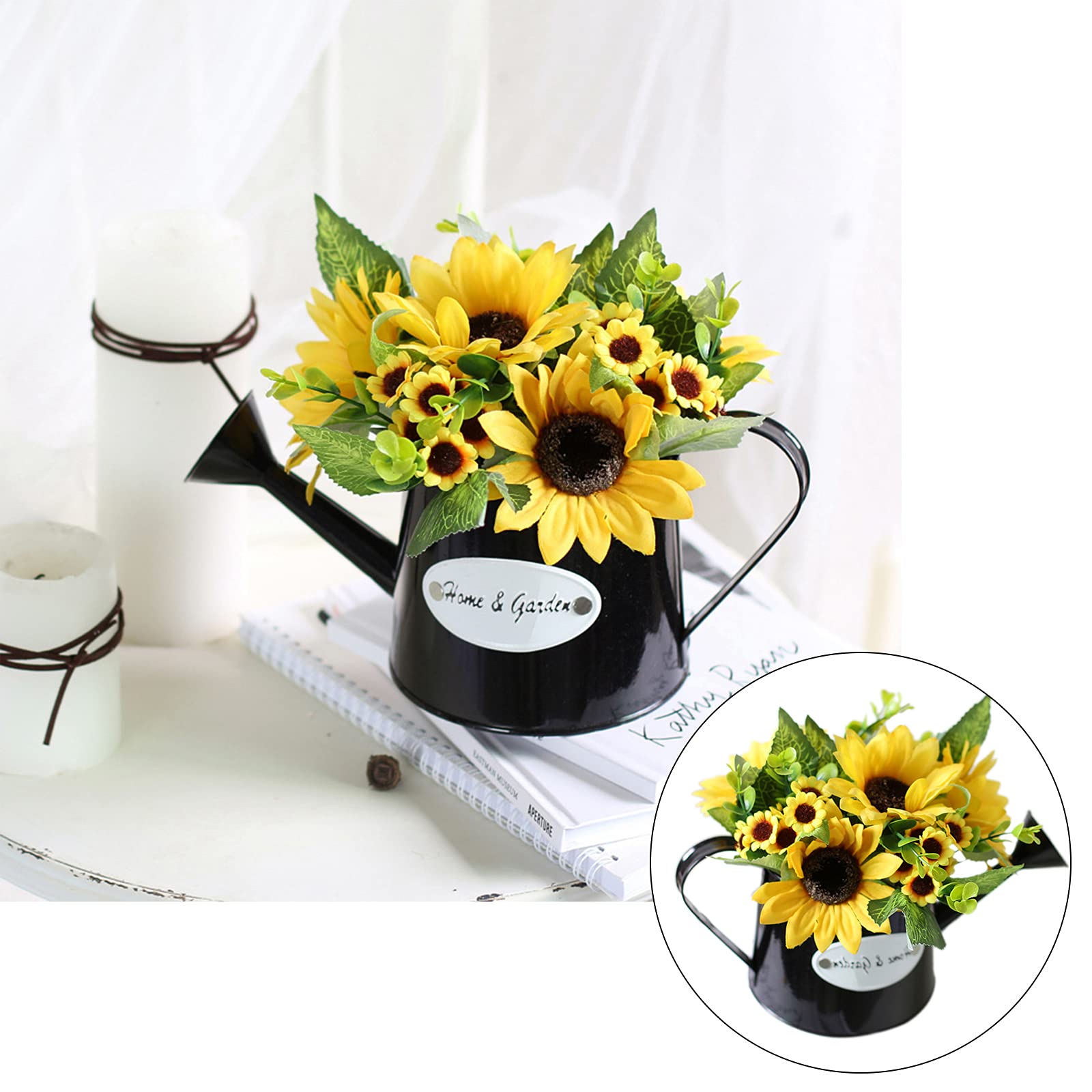 Artificial Sunflower Watering Can Shaped Flower Decor - Fake Sunflower Bouquet in Pot Vase, Faux Floral Arrangement for Home & Office - Perfect for Garden, Balcony, Living Room, Dining Room & Bedroom Decor