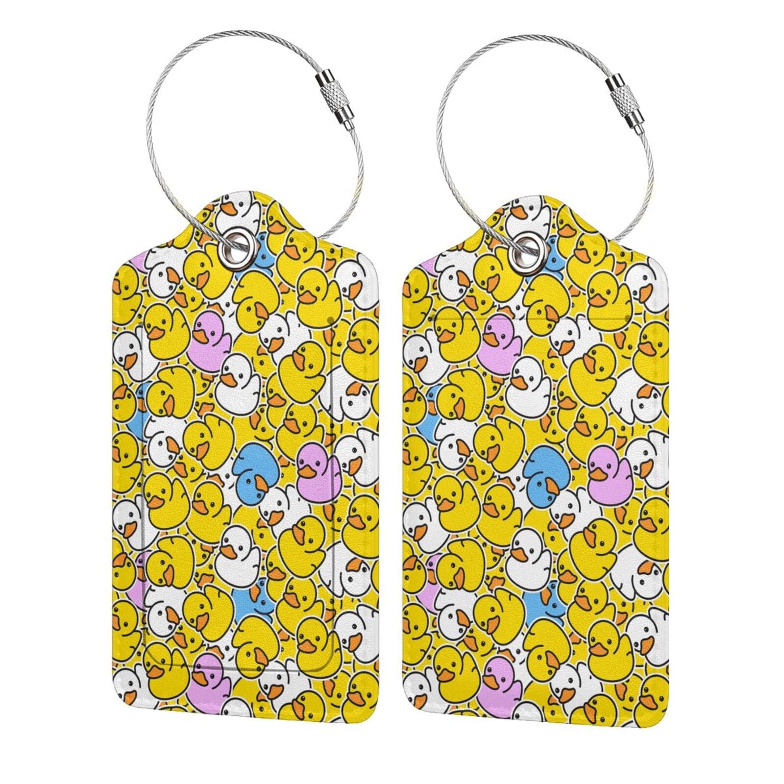 2 PCS Yellow Duck PU Leather Luggage Tags with Stainless Steel Loop - Cute Travel Luggage ID Tags with Privacy Cover - Durable Suitcase Baggage Tags for Women, Men & Kids - Perfect for Vacation, Business Trips & Gifts