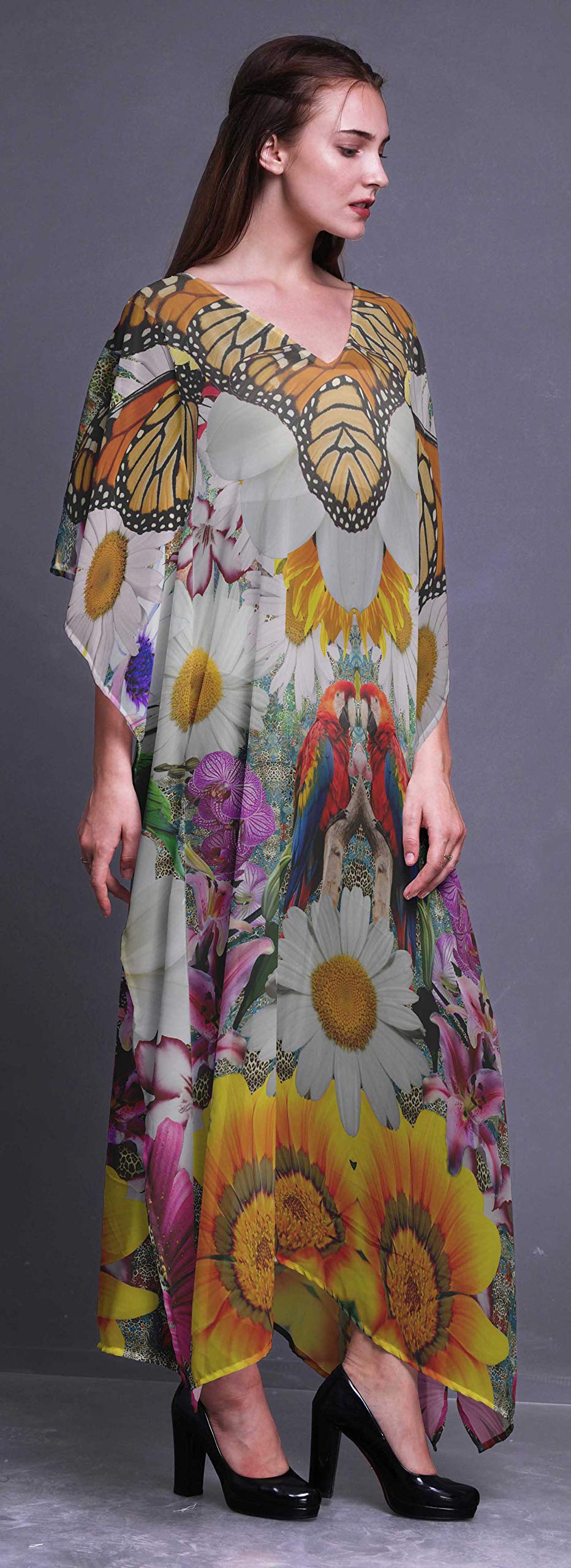 Women's Floral Kaftan Beach Cover Up Dress - Long Sleeve Maxi Dress for Summer, Swimwear Coverup, Boho Chic Beachwear for Vacations & Poolside Relaxation