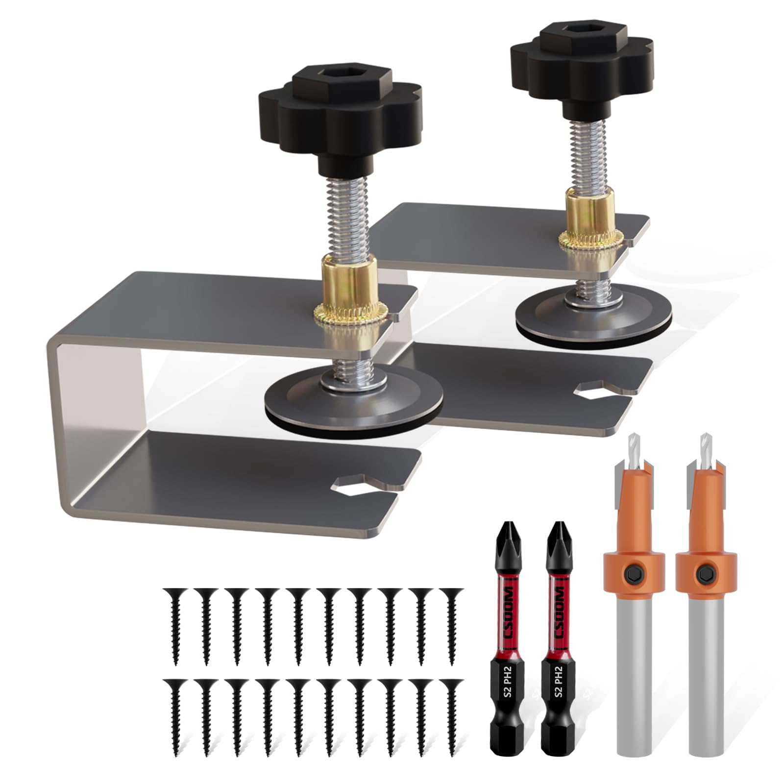 CSOOM Drawer Front Installation Clamps Set - Woodworking Clamps with Countersink Drill Bits, PH2 Impact Drill Bits & Free Screws - C-Shaped Cabinet Hardware for DIY Home Improvement & Furniture Assembly