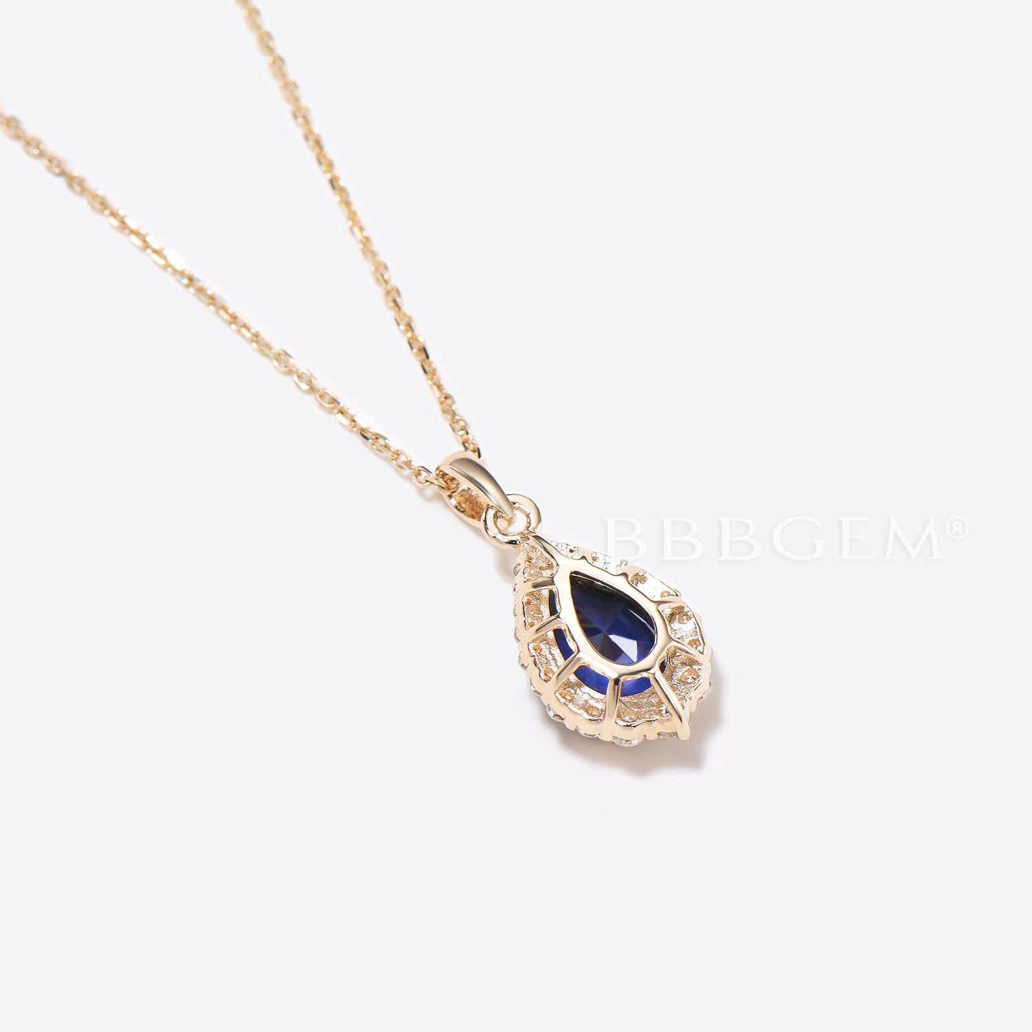 Exquisite 14k Gold Blue Sapphire Pear-Shaped Necklace with Halo Diamond Charm Pendant - Elegant Jewelry Gift for Women, Perfect for Weddings, Anniversaries & Special Occasions