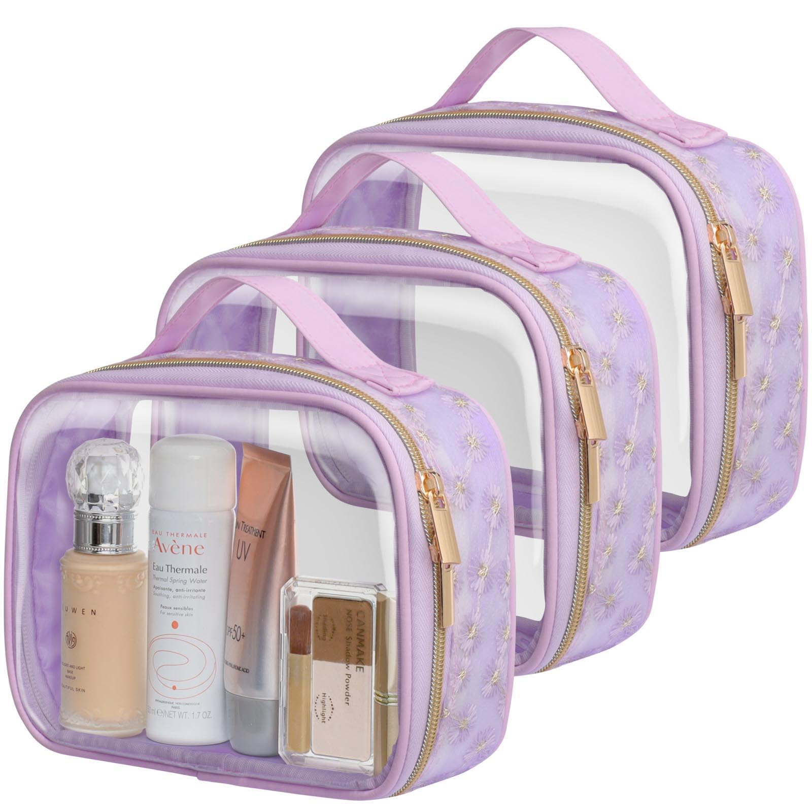 PACKISM Floral Print TSA Approved Clear Toiletry Bag - 180° Wide Opening Travel Makeup Organizer with Handle, 0.5mm Thick PVC for Liquids & Cosmetics | Perfect for Air Travel, Cruise Vacations & Gym Essentials (Purple)
