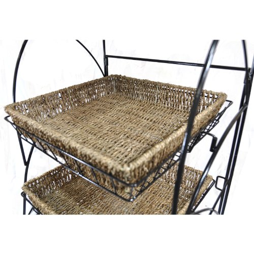 Tristan Triple Tiered Square Display Stand with Handwoven Seagrass Baskets - Rustic Home Decor for Bathroom, Kitchen & Bedroom Organization
