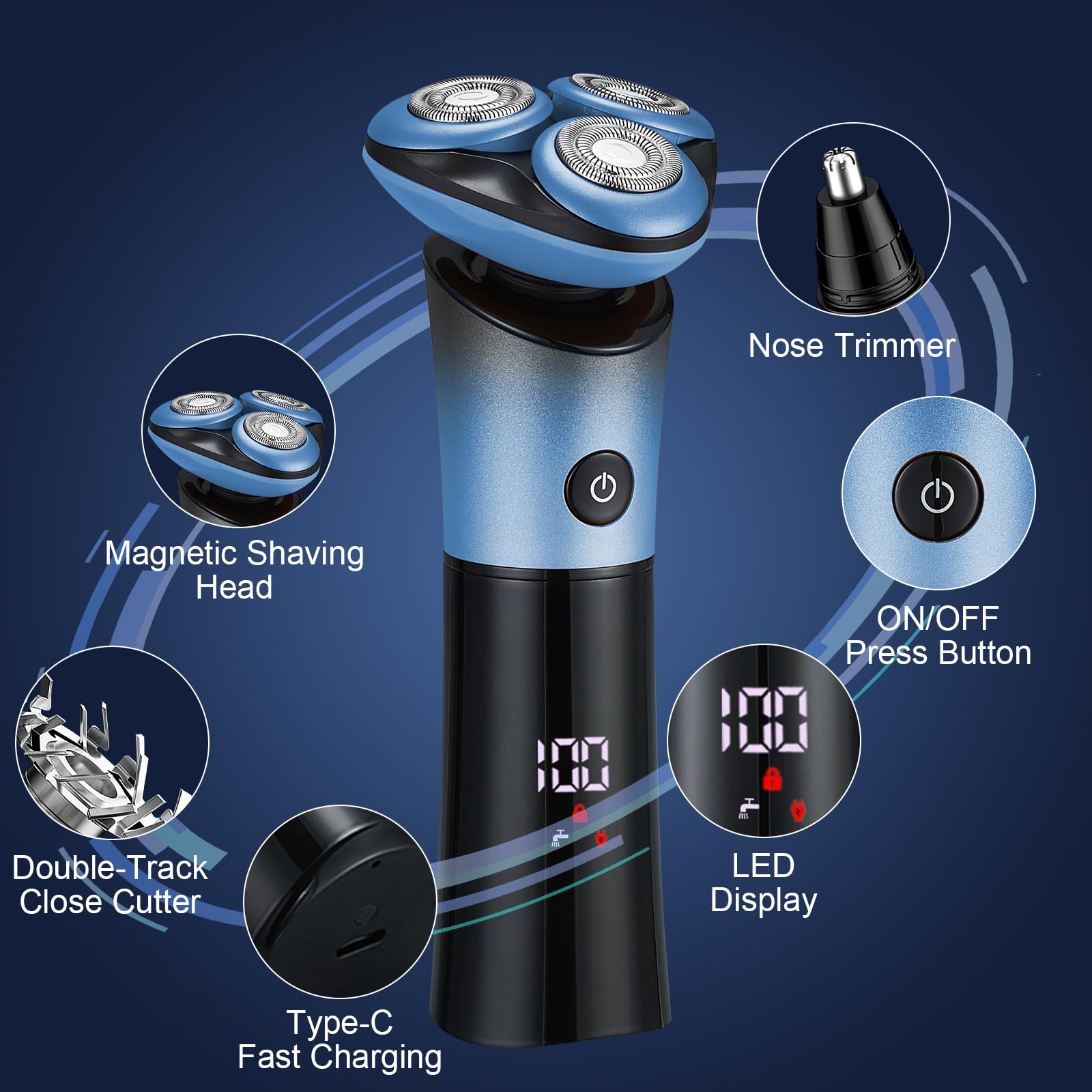 Men's Electric Razor - SOPPY Cordless Rechargeable Wet/Dry Shaver with 360° Magnetic Head, IPX7 Waterproof for Smooth Shaving | Perfect Gift for Husband, Dad (Birthday, Christmas) | Ideal for Travel, Gym & Daily Use - Blue