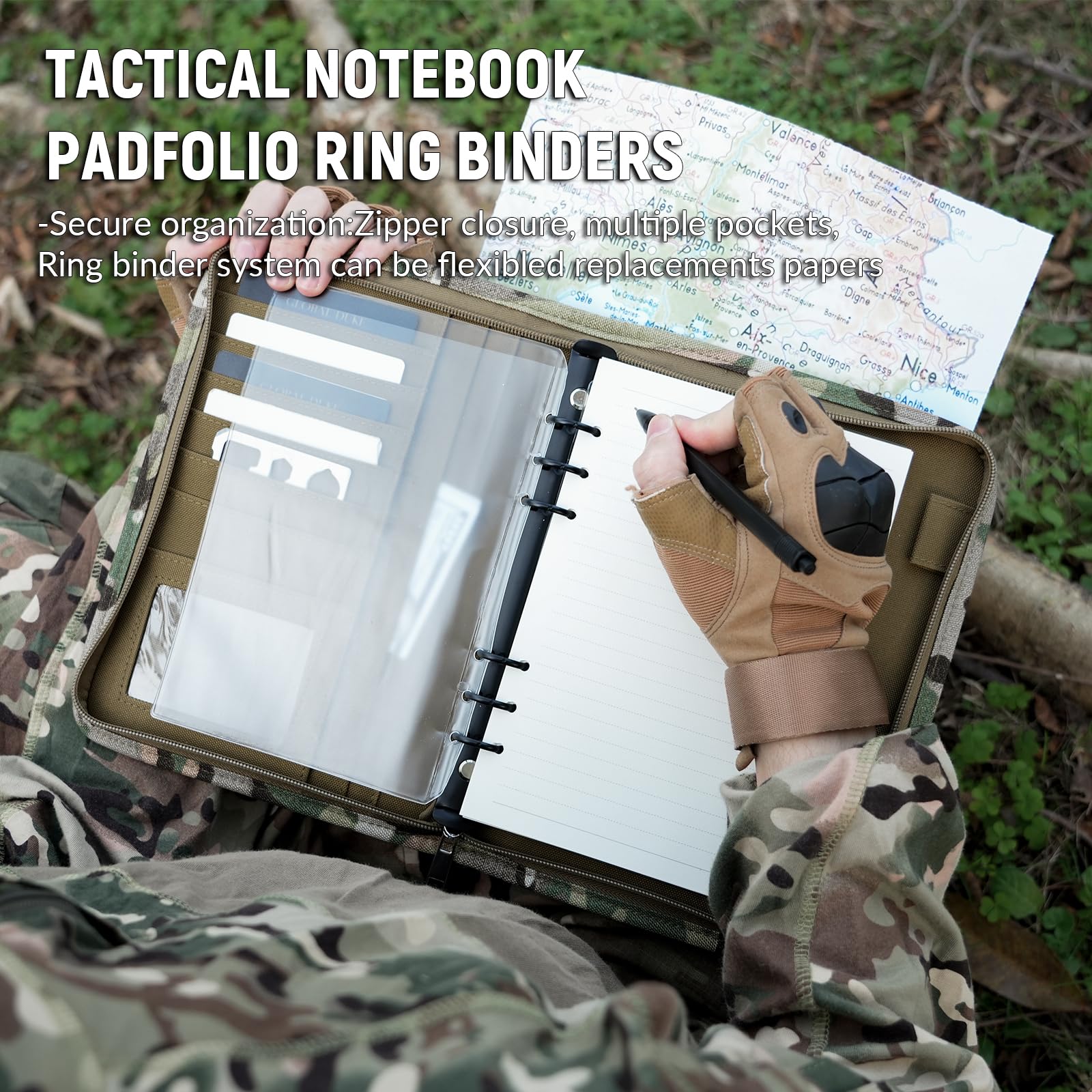 Kosibate 7.3x10.1 Inch Zippered Padfolio - 6-Ring Binder with 80 Sheets (160 Pages) Refillable Loose-Leaf Paper, Weatherproof Tactical Notebook Cover for Folders & Cards | Perfect for Business Meetings, School, Office & Travel Organization