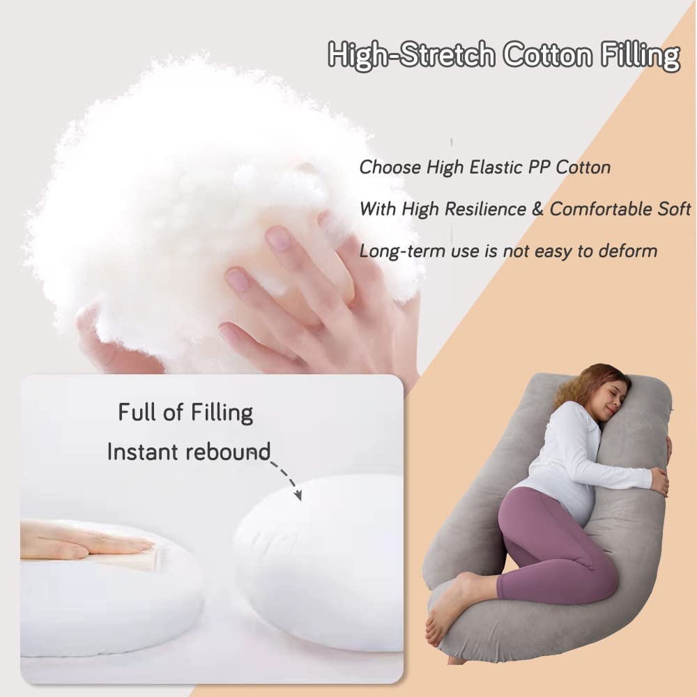 AMCATON 60 Inch Extra Large U-Shaped Pregnancy Pillow for Sleeping - Maternity Body Pillow with Soft Velour Cover (Grey) - Perfect for Pregnant Women, Back Pain Relief & Comfortable Side Sleeping