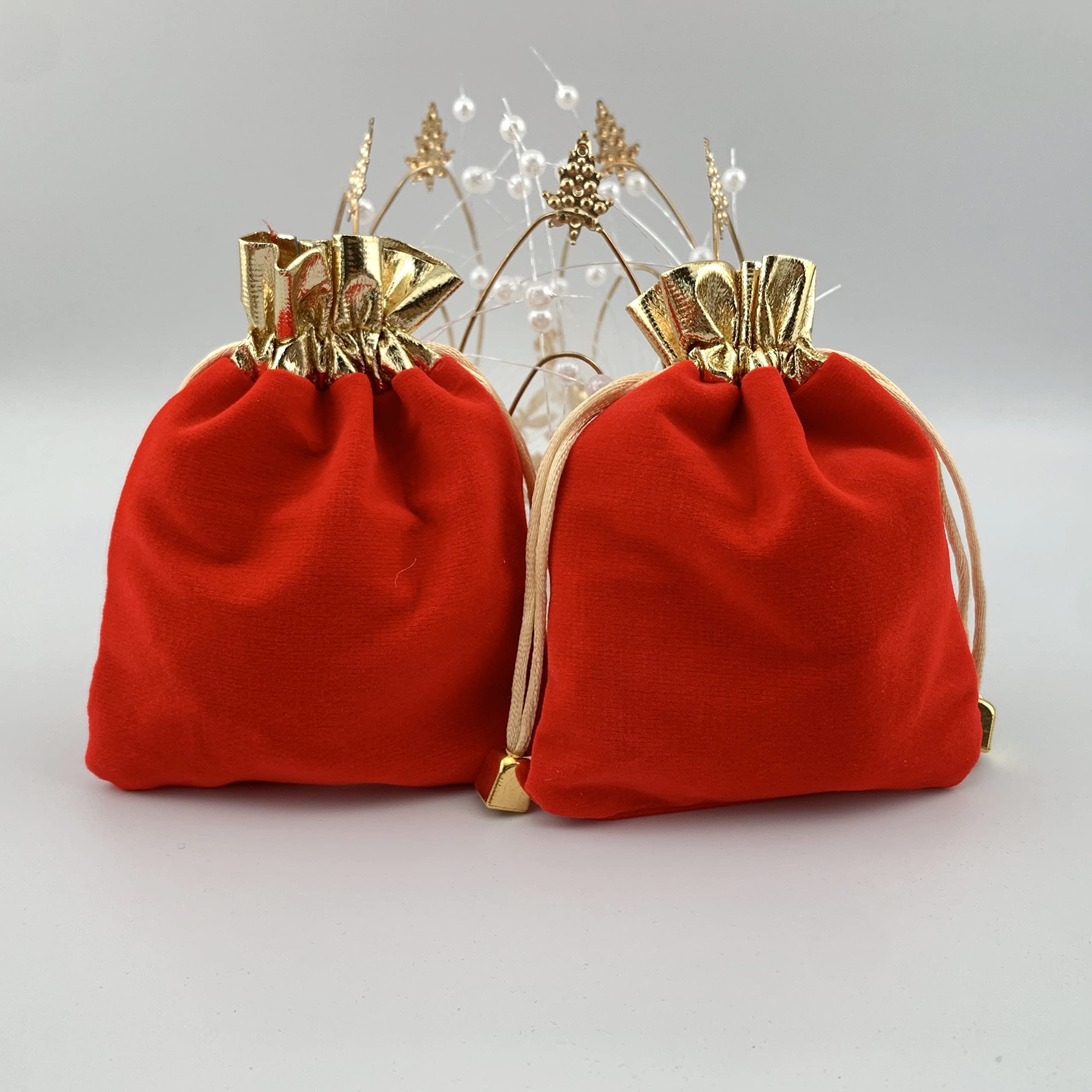 Palmhomee Velvet Drawstring Gift Bags - 5x6 Inch Red with Gold Trim (Pack of 12) - Perfect for Jewelry, Party Favors, Wedding Decor & Holiday Gifts