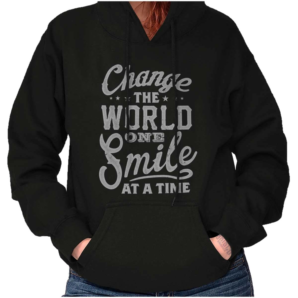 Brisco Brands Women's Hoodie Sweatshirt - Inspirational 'Change the World One Smile at a Time' Pullover | Cozy Casual Wear for Everyday, Gym & Outdoor Activities