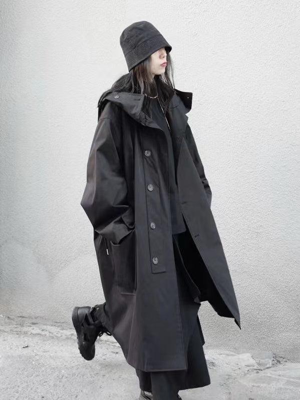 Lovevop Black Cool Hooded Long Coat for Men & Women - Stylish Winter Jacket with Pockets for Outdoor Activities & Casual Wear