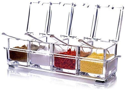 WII Masala Dani Plastic Transparent Spice Box Rack - 4 Containers with 4 Spoons Set for Sugar, Salt & Spices | Perfect for Home Kitchen, Restaurant & Hotel Storage | Ideal for Cooking, Baking & Meal Prep Organization