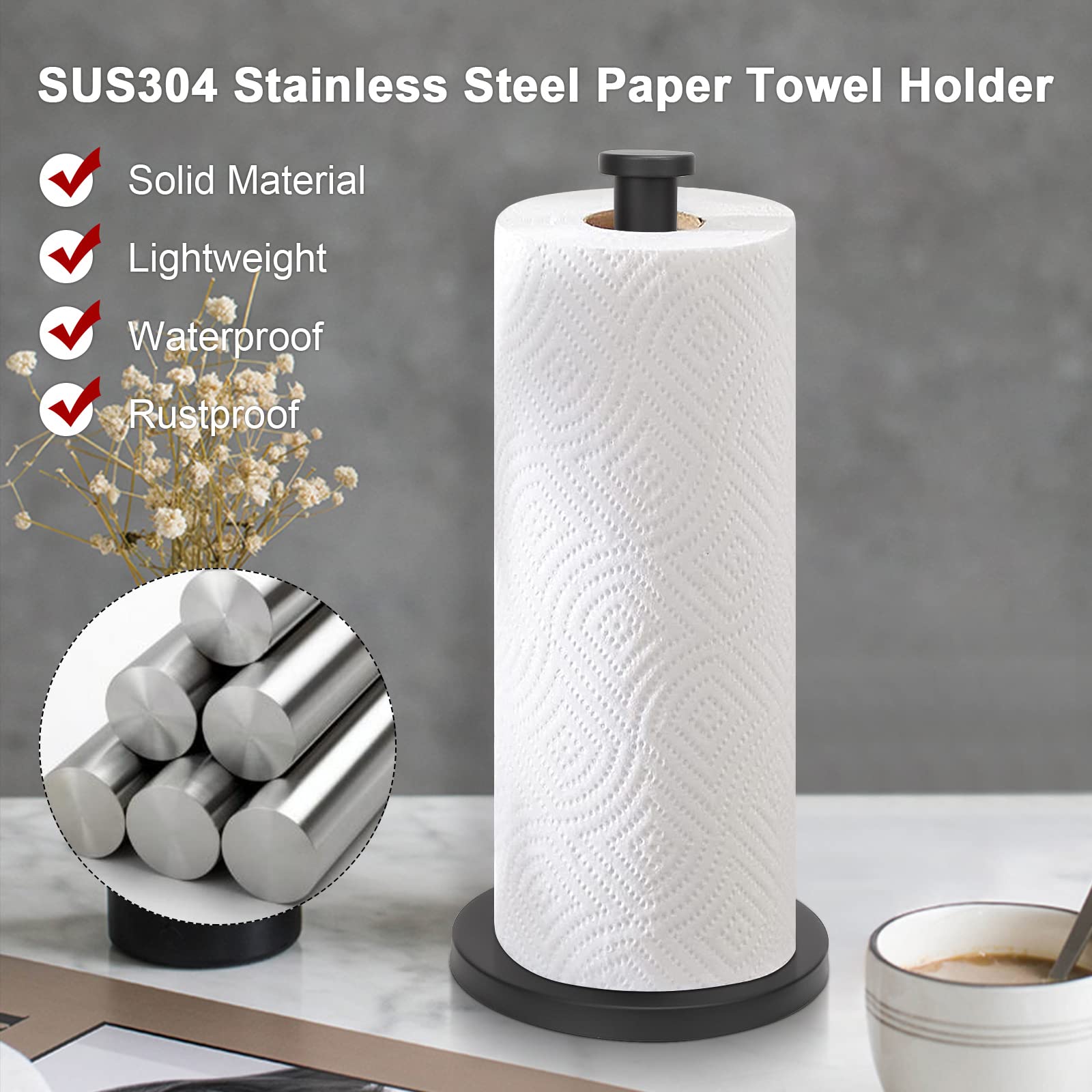 NearMoon Standing Paper Towel Holder - Stainless Steel Base Matte Black for Kitchen & Bathroom | Fits Standard & Jumbo Rolls | Countertop Organizer for Home & Office Use