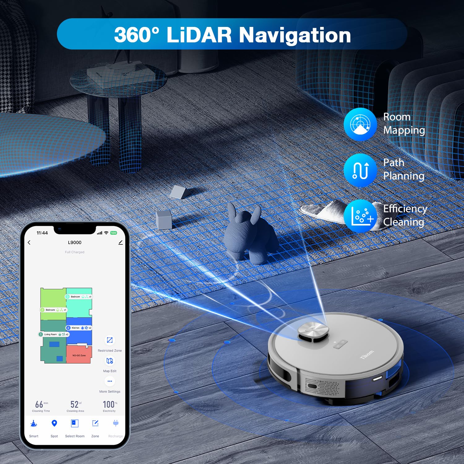 Tikom L9000 Robot Vacuum and Mop with LiDAR Navigation, 4000Pa Suction, Smart Mapping, 150Min Runtime - Ideal for Pet Hair, Carpets & Hard Floors - Perfect for Home Cleaning, Office Spaces & Large Areas