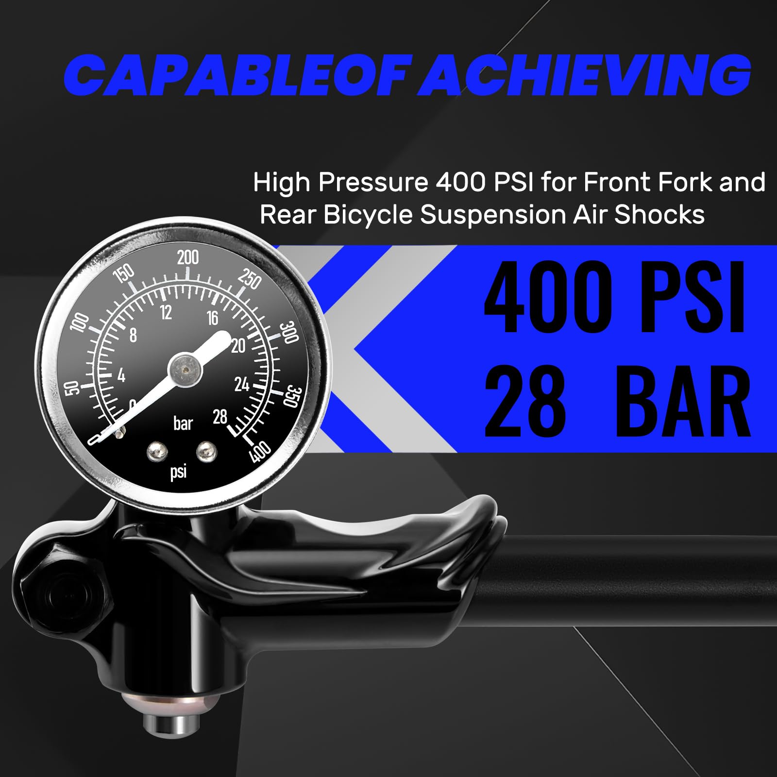 High Pressure Bike Shock Pump 400 PSI with Gauge - Mountain Bicycle Air Pump for Fork & Rear Suspension, Mini Shock Pump Compatible with Schrader Valve - Perfect for MTB Trail Riding & Suspension Maintenance