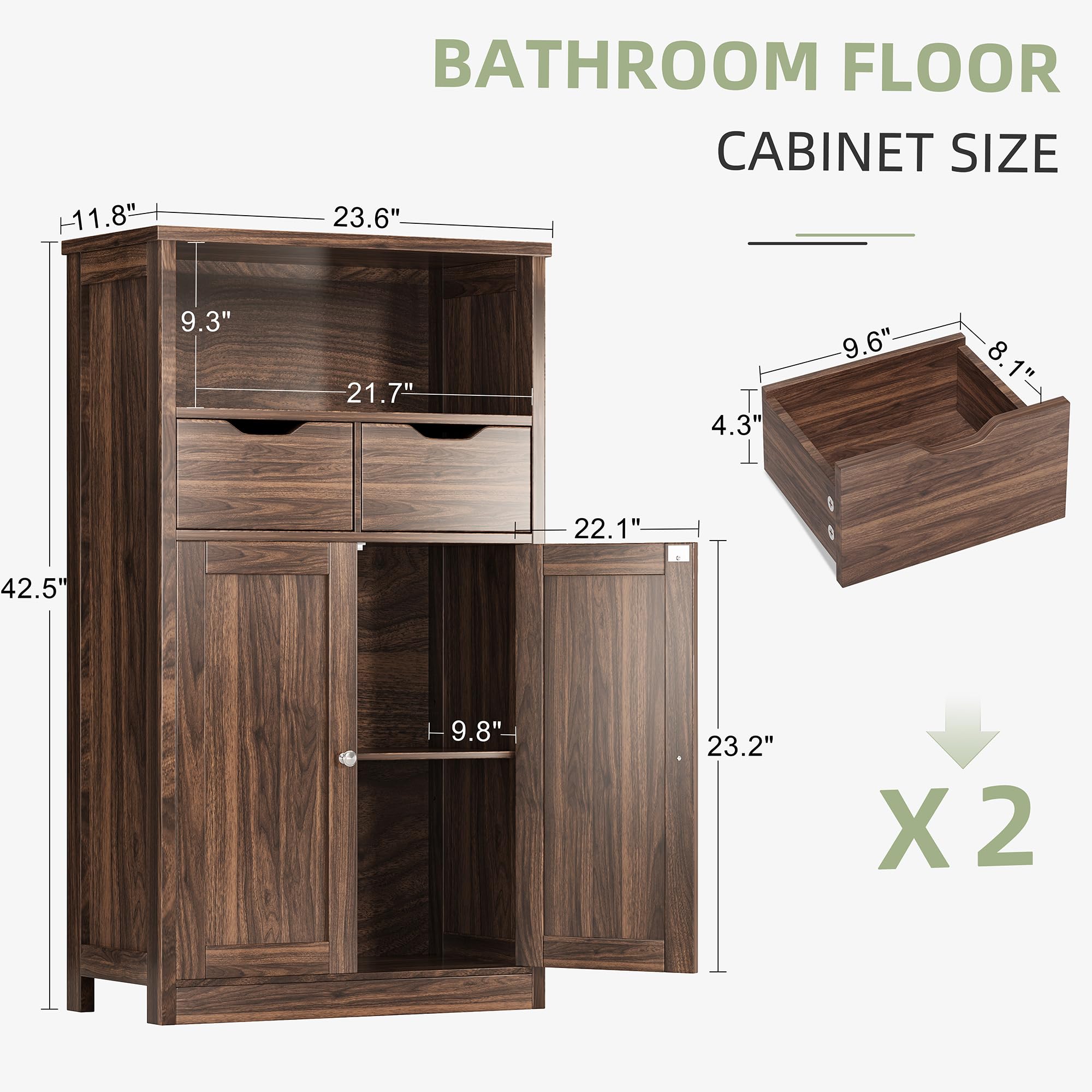 Shintenchi Storage Cabinet with Doors & Drawers - Adjustable Shelf for Bathroom, Kitchen, Living Room - Walnut